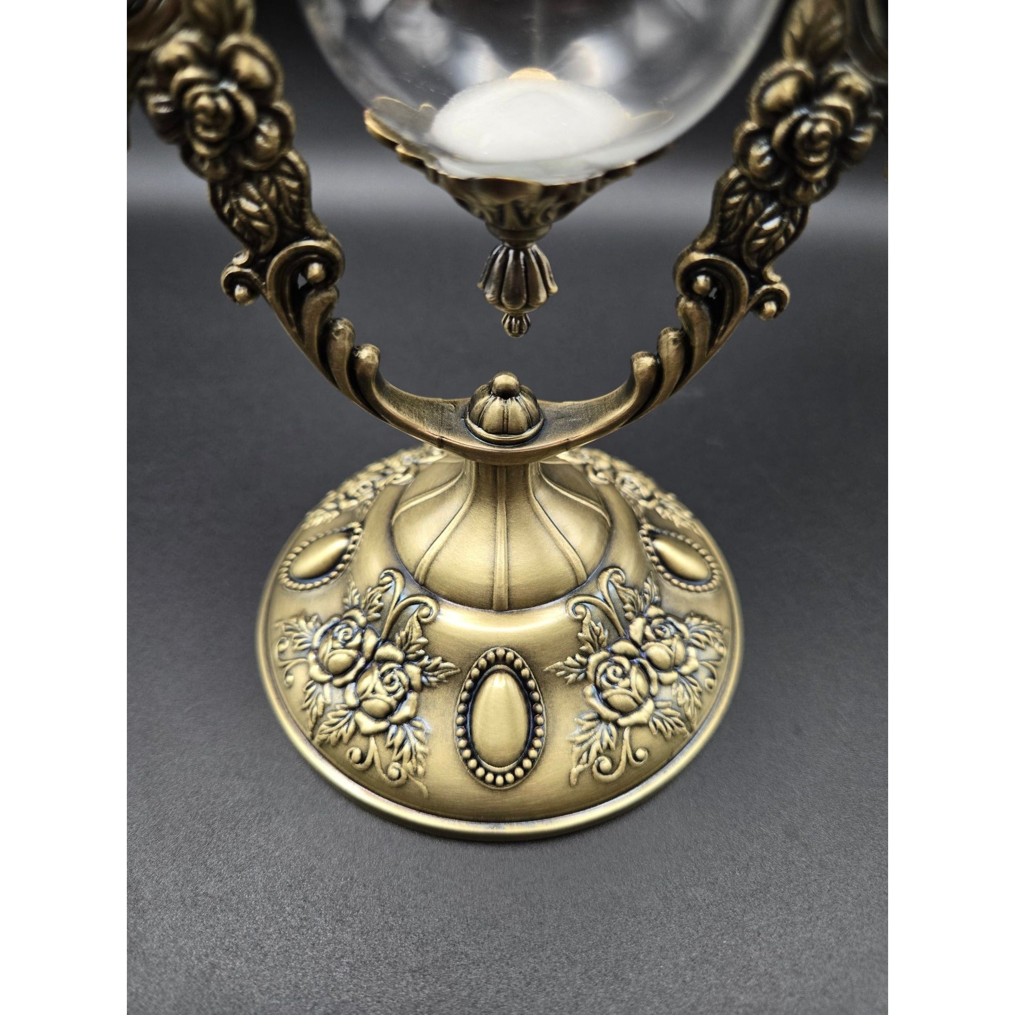 Elegant Ornate Hourglass With Victorian-Inspired Brass Frame Dual Glass Chambers & White Sand Decorative Desk Timer