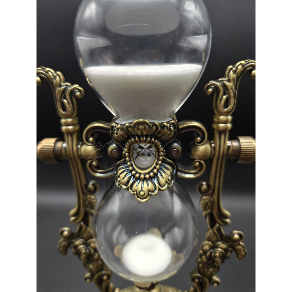 Elegant Ornate Hourglass With Victorian-Inspired Brass Frame Dual Glass Chambers & White Sand Decorative Desk Timer