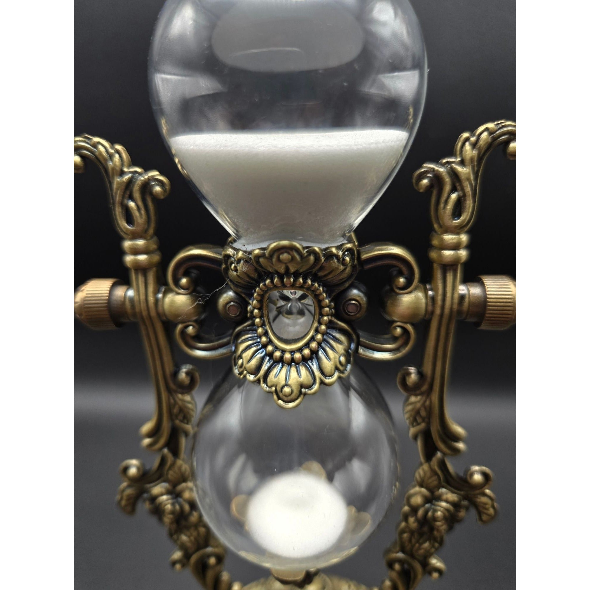 Elegant Ornate Hourglass With Victorian-Inspired Brass Frame Dual Glass Chambers & White Sand Decorative Desk Timer