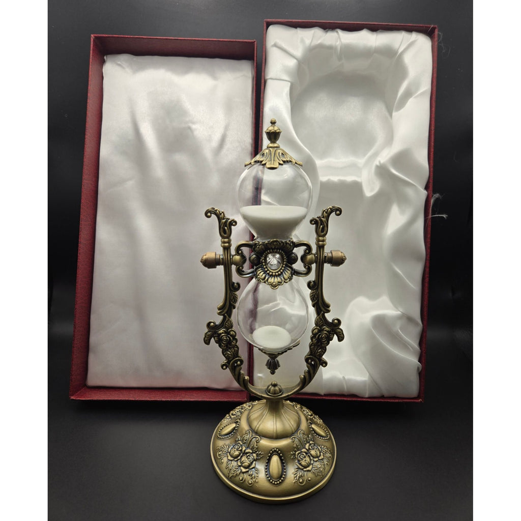 Elegant Ornate Hourglass With Victorian-Inspired Brass Frame Dual Glass Chambers & White Sand Decorative Desk Timer