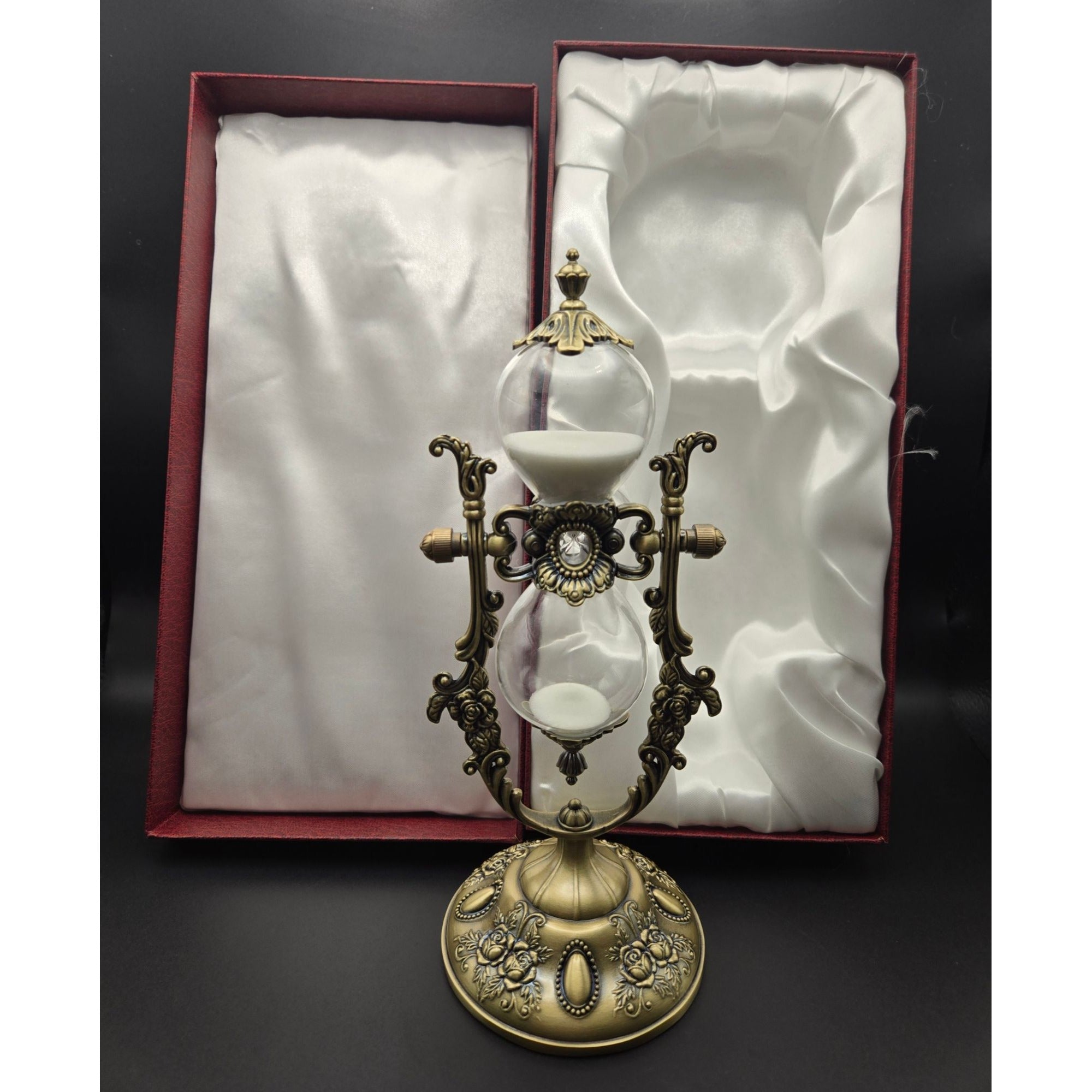 Elegant Ornate Hourglass With Victorian-Inspired Brass Frame Dual Glass Chambers & White Sand Decorative Desk Timer