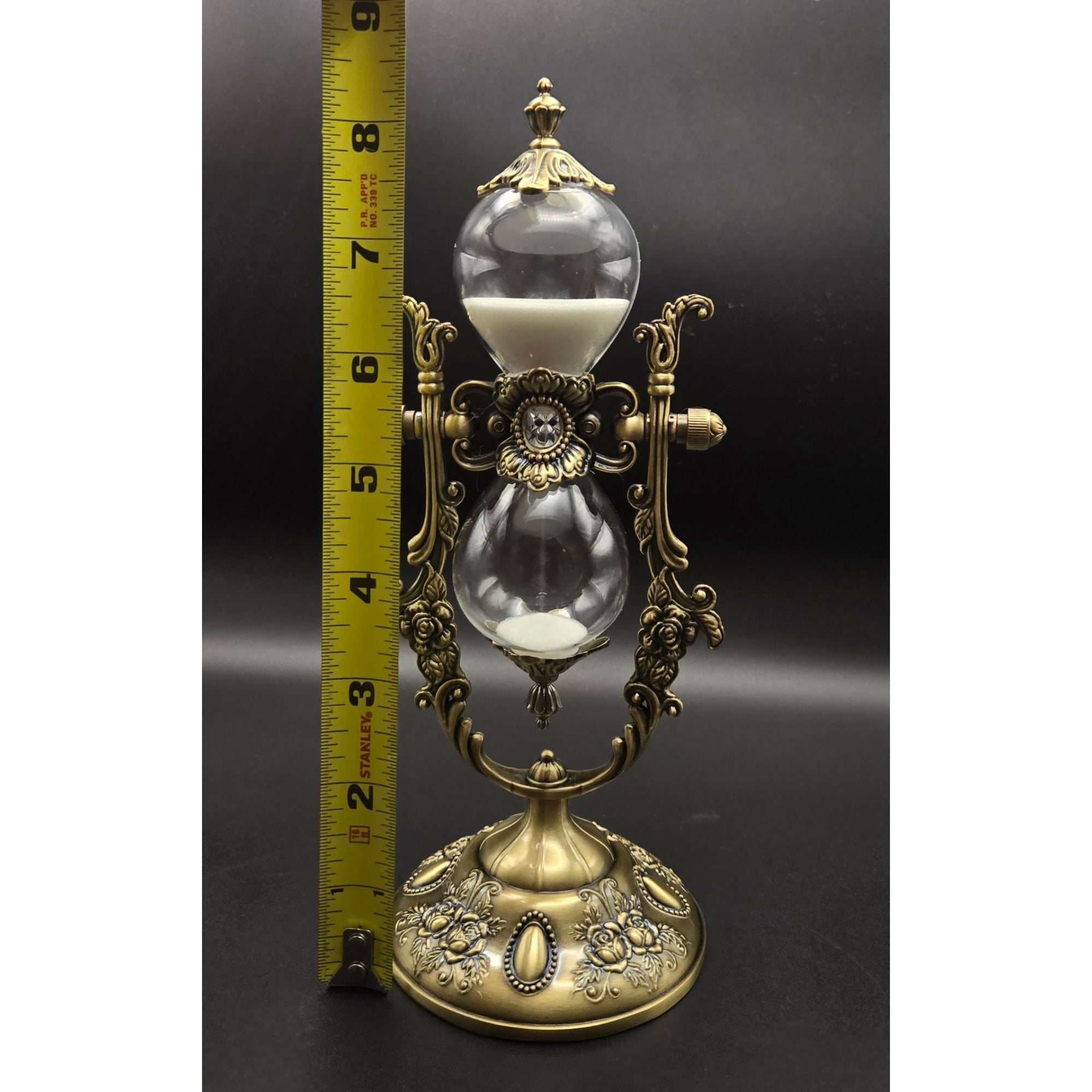 Elegant Ornate Hourglass With Victorian-Inspired Brass Frame Dual Glass Chambers & White Sand Decorative Desk Timer