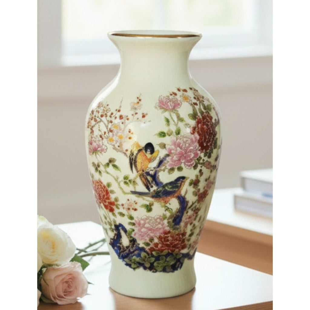 Hand-Painted Floral & Bird Porcelain Vase With Gold Rim - 7 Inches Tall