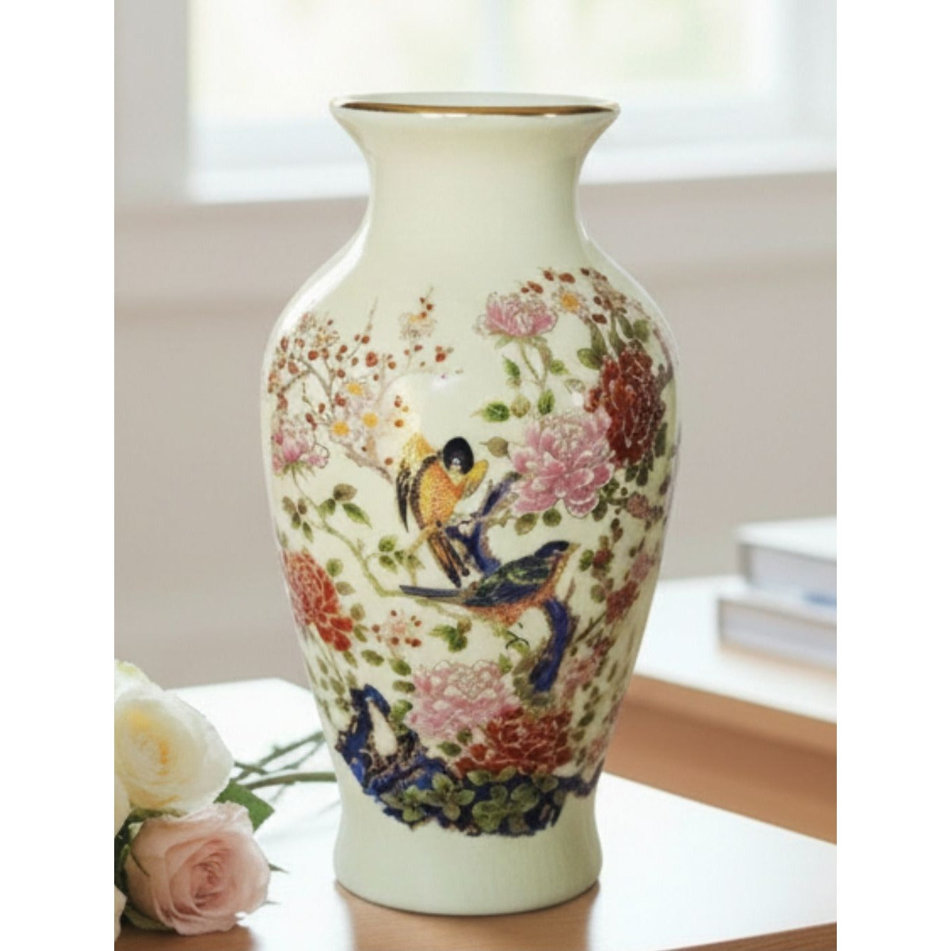 Hand-Painted Floral & Bird Porcelain Vase With Gold Rim - 7 Inches Tall