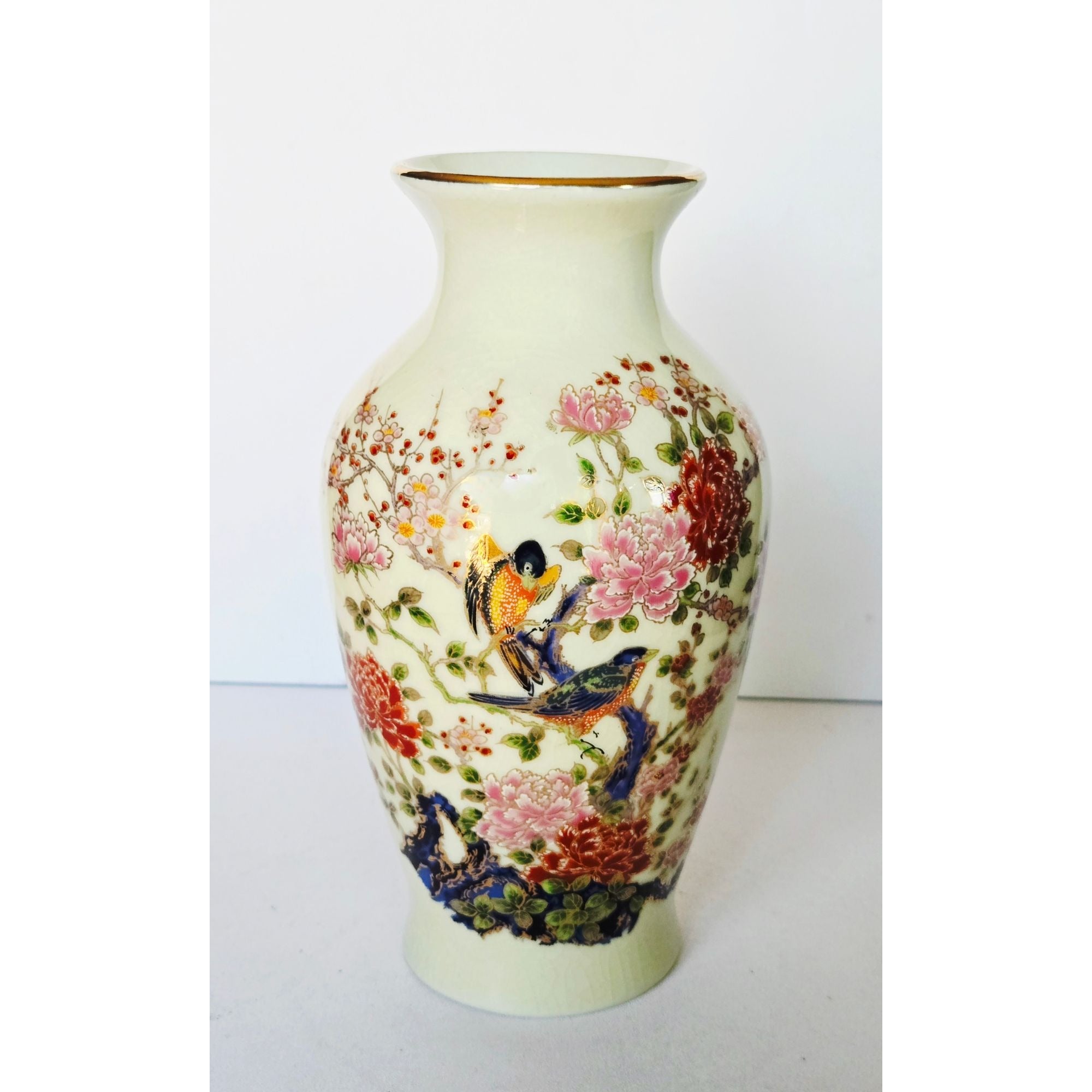 Hand-Painted Floral & Bird Porcelain Vase With Gold Rim - 7 Inches Tall