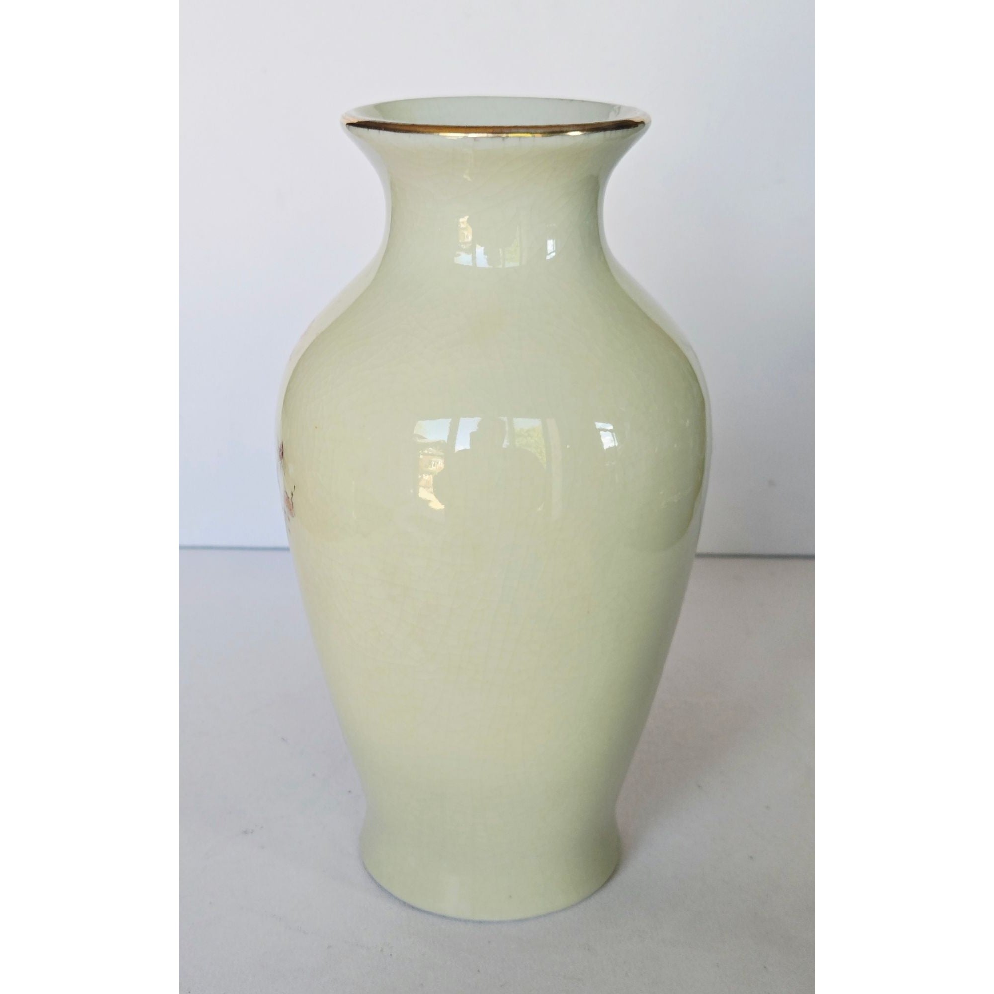 Hand-Painted Floral & Bird Porcelain Vase With Gold Rim - 7 Inches Tall