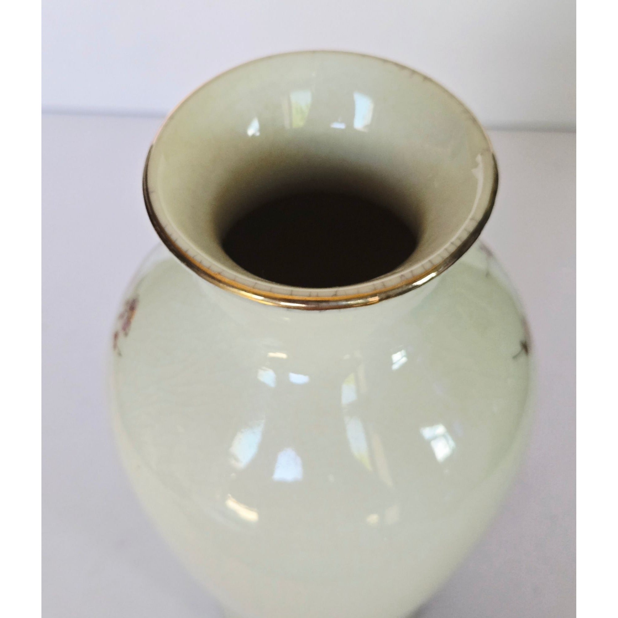 Hand-Painted Floral & Bird Porcelain Vase With Gold Rim - 7 Inches Tall