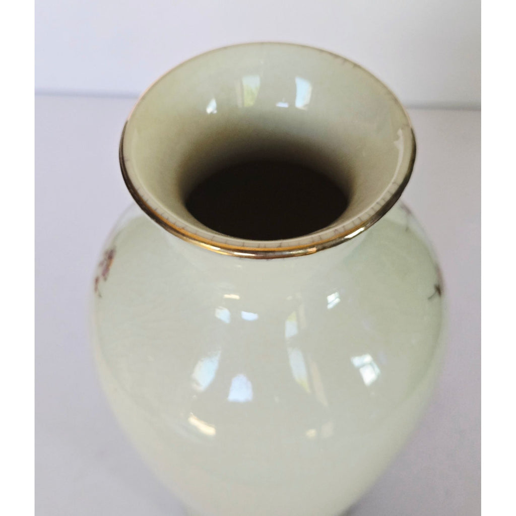 Hand-Painted Floral & Bird Porcelain Vase With Gold Rim - 7 Inches Tall