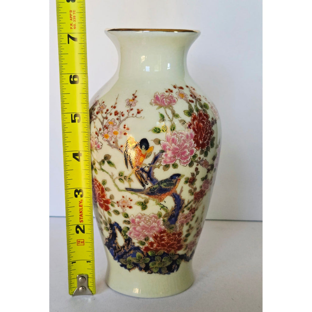 Hand-Painted Floral & Bird Porcelain Vase With Gold Rim - 7 Inches Tall