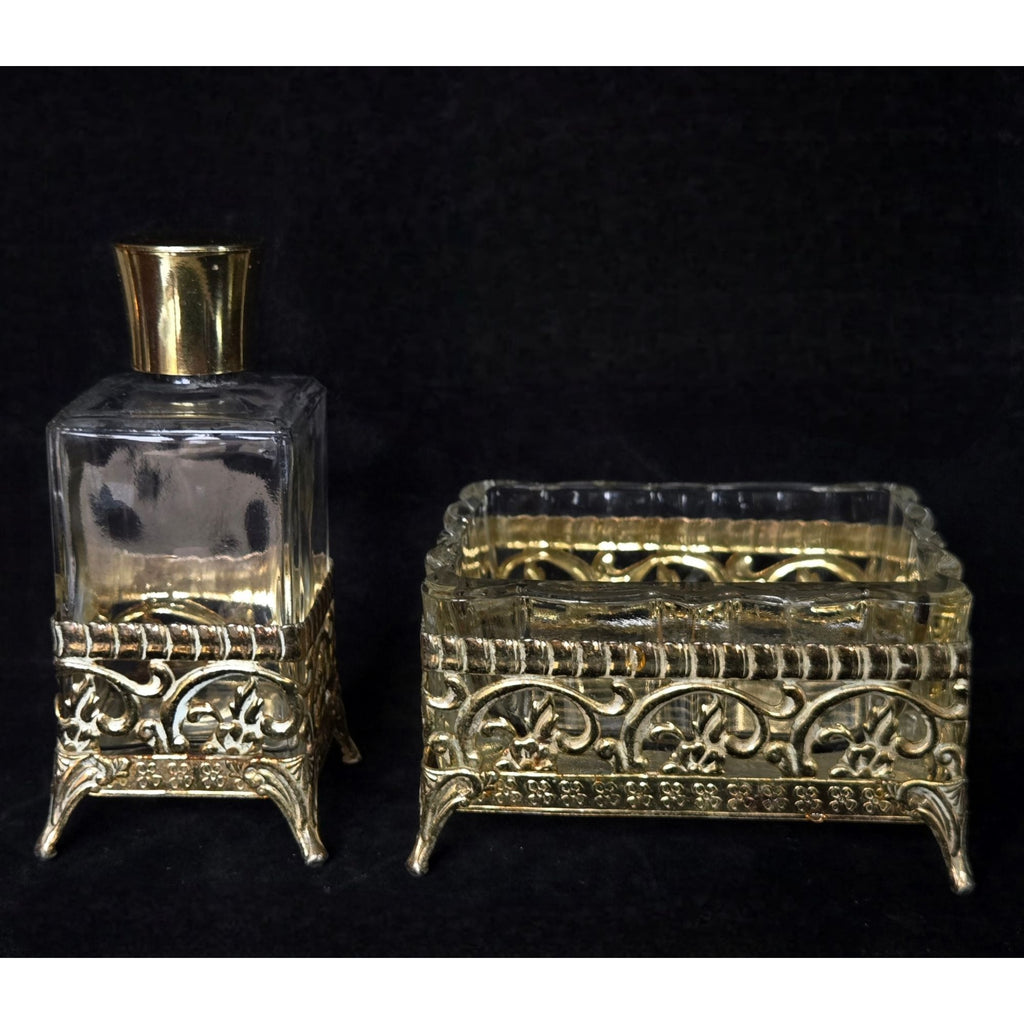 Vintage Glass & Gold-Toned Hollywood Regency Style Vanity Set Perfume Bottle & Dish