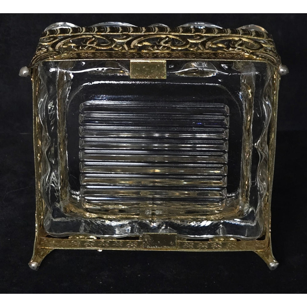 Vintage Glass & Gold-Toned Hollywood Regency Style Vanity Set Perfume Bottle & Dish