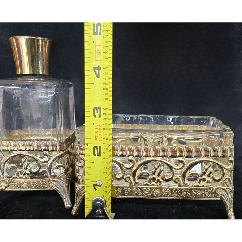 Vintage Glass & Gold-Toned Hollywood Regency Style Vanity Set Perfume Bottle & Dish