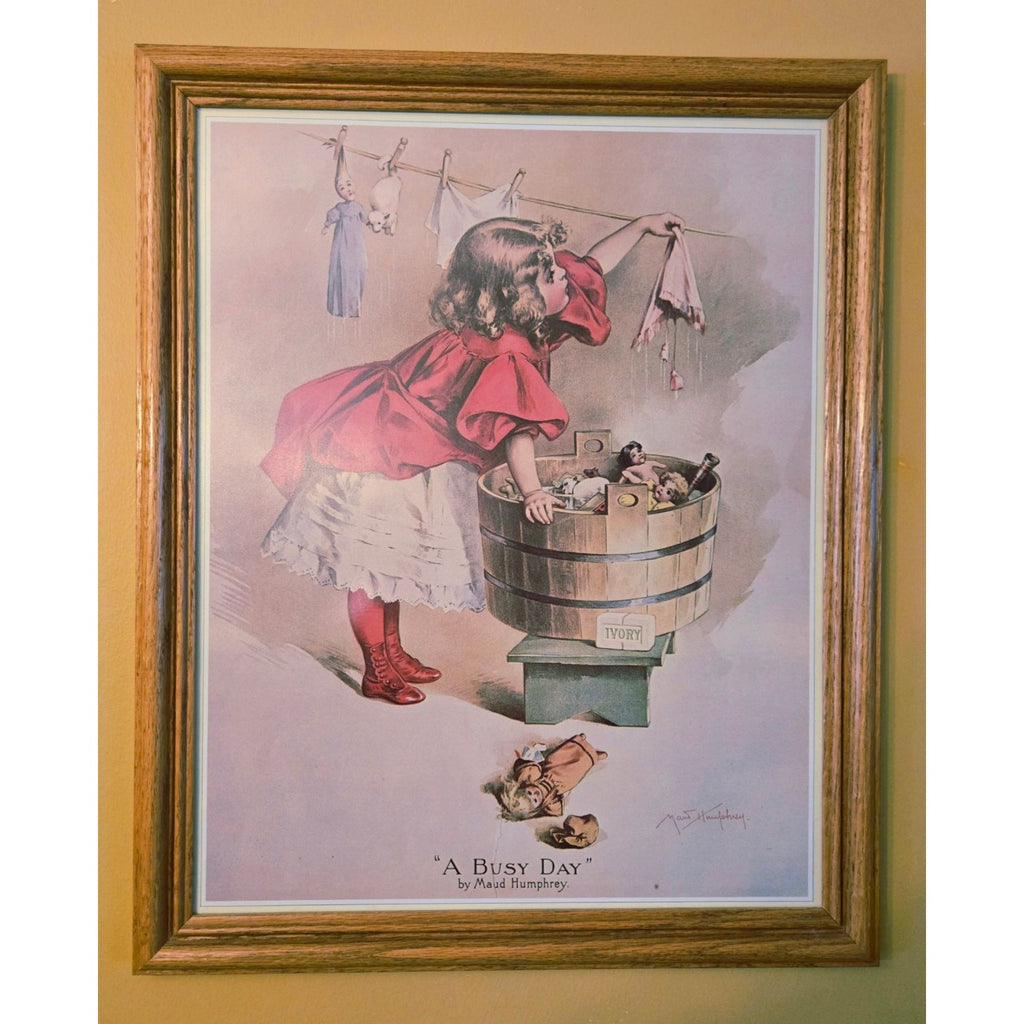 Framed "A Busy Day" Print By Maud Humphrey With Oak Frame Laundry Room Decor