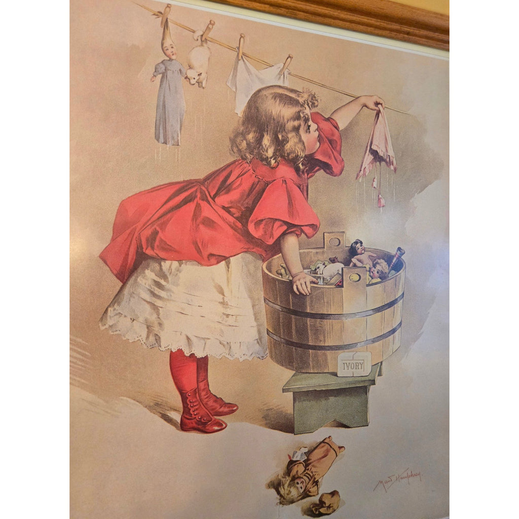 Framed "A Busy Day" Print By Maud Humphrey With Oak Frame Laundry Room Decor