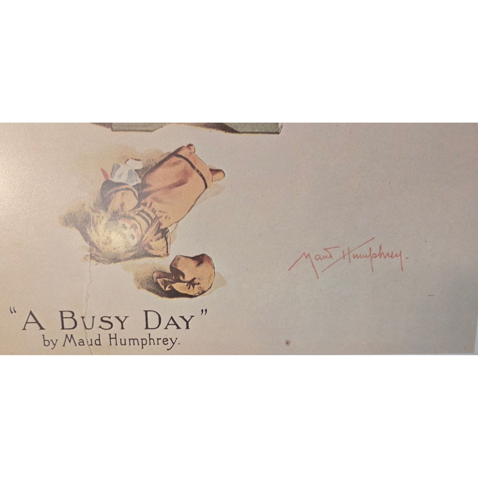 Framed "A Busy Day" Print By Maud Humphrey With Oak Frame Laundry Room Decor