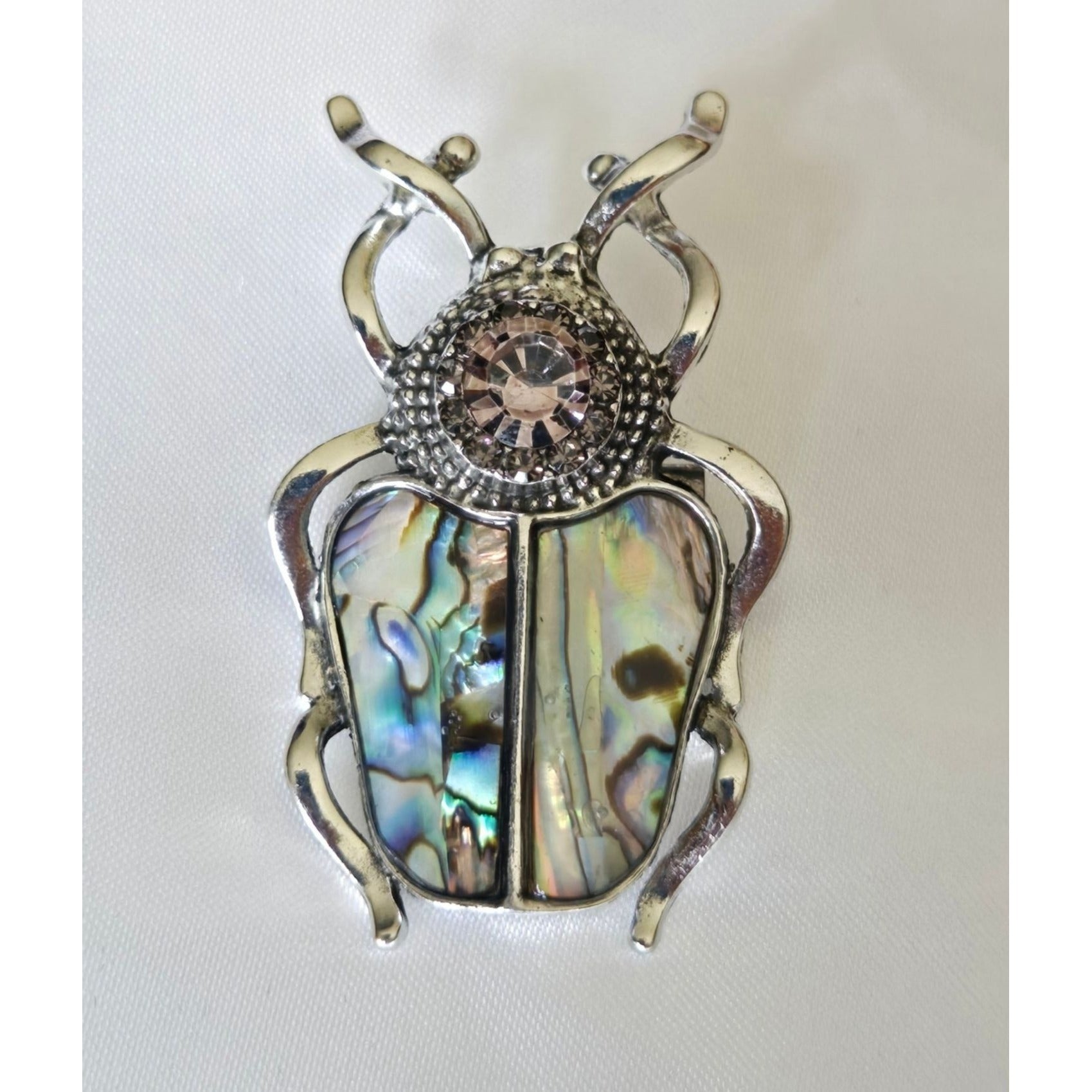 Silver Tone Beetle Brooch With Pink Rhinestone & Inlay Nature-Inspired Jewelry