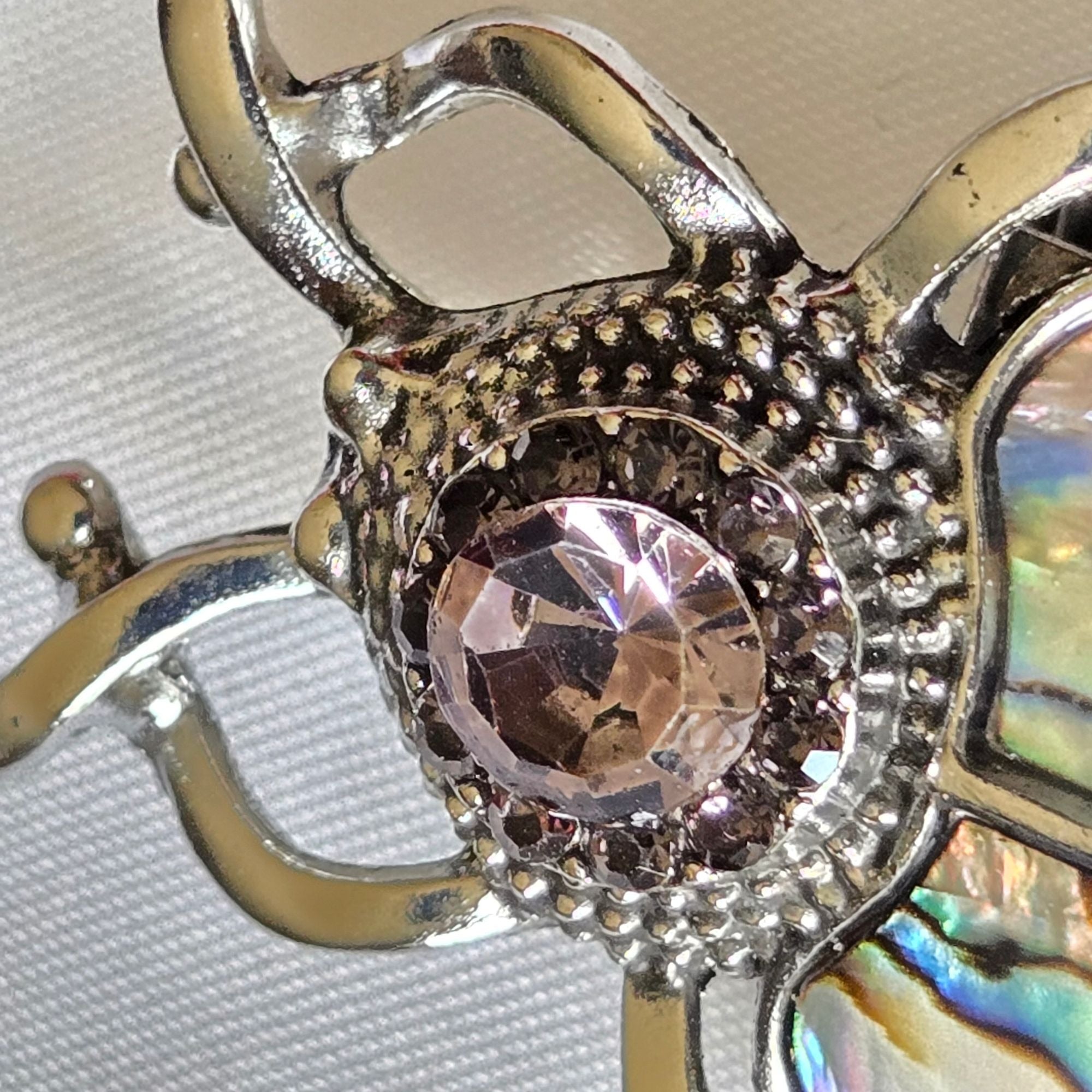 Silver Tone Beetle Brooch With Pink Rhinestone & Inlay Nature-Inspired Jewelry