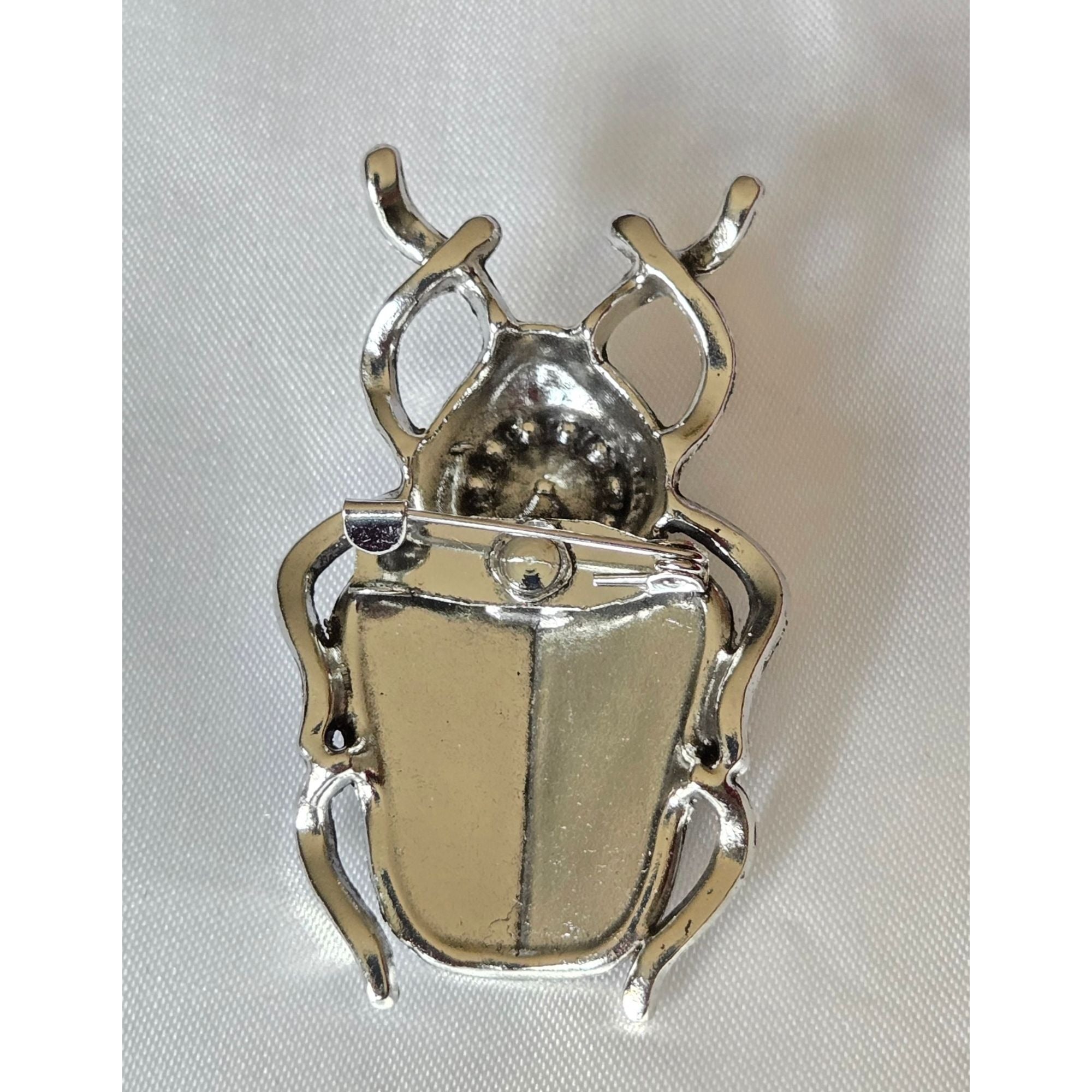 Silver Tone Beetle Brooch With Pink Rhinestone & Inlay Nature-Inspired Jewelry