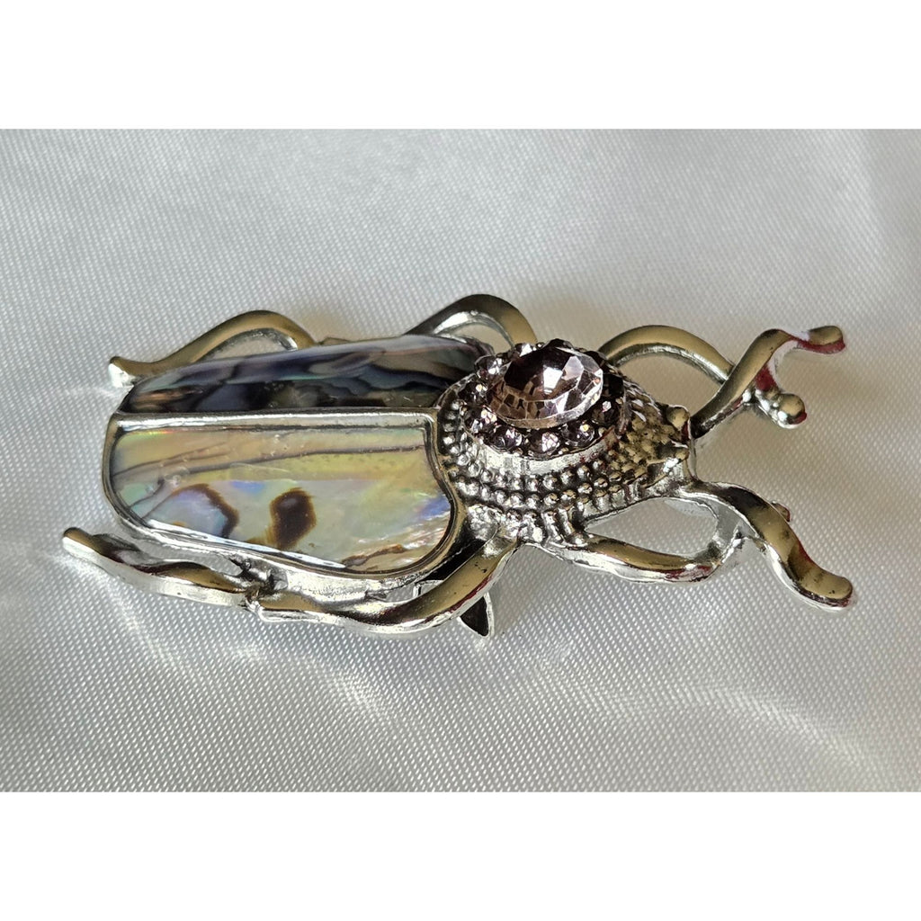 Silver Tone Beetle Brooch With Pink Rhinestone & Inlay Nature-Inspired Jewelry