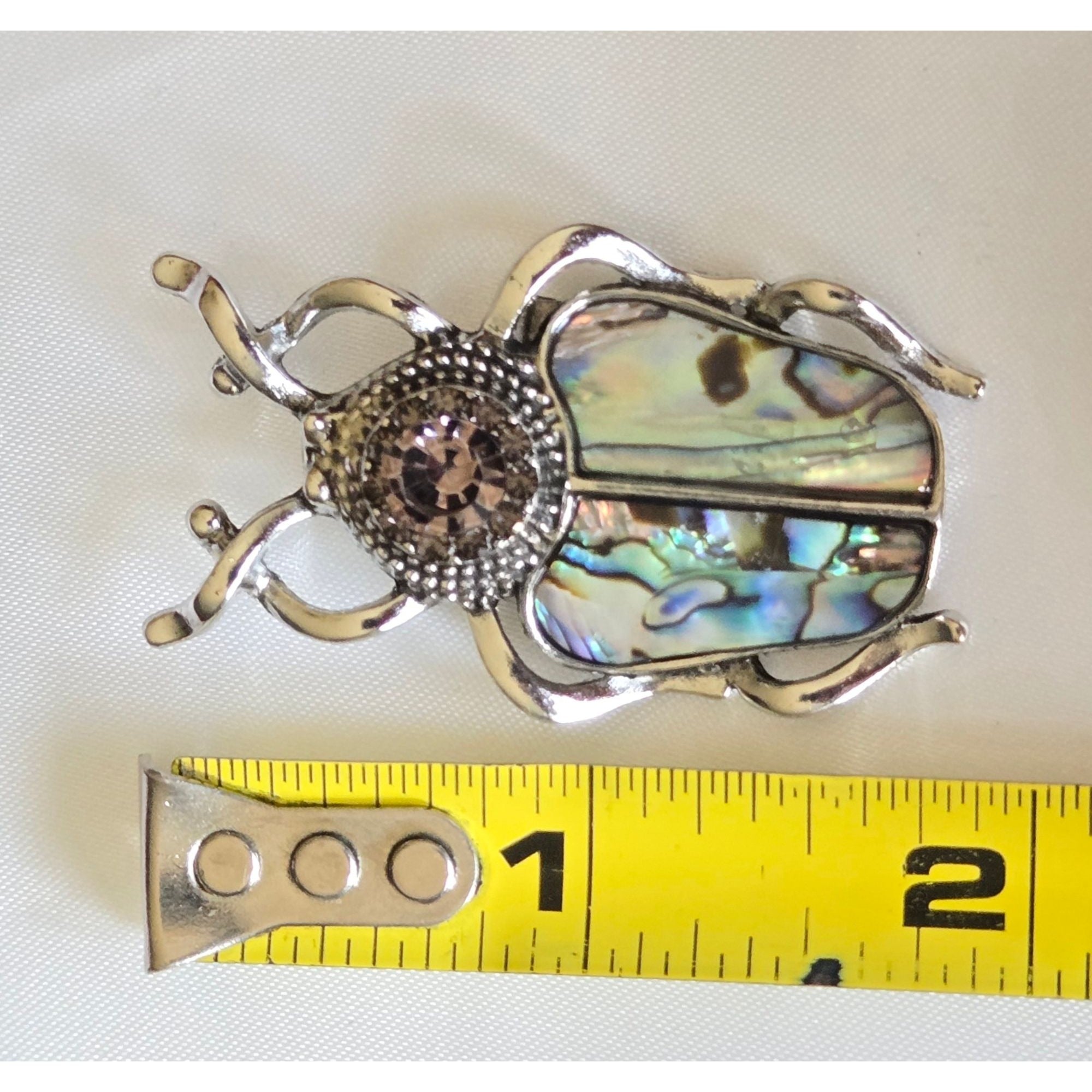 Silver Tone Beetle Brooch With Pink Rhinestone & Inlay Nature-Inspired Jewelry