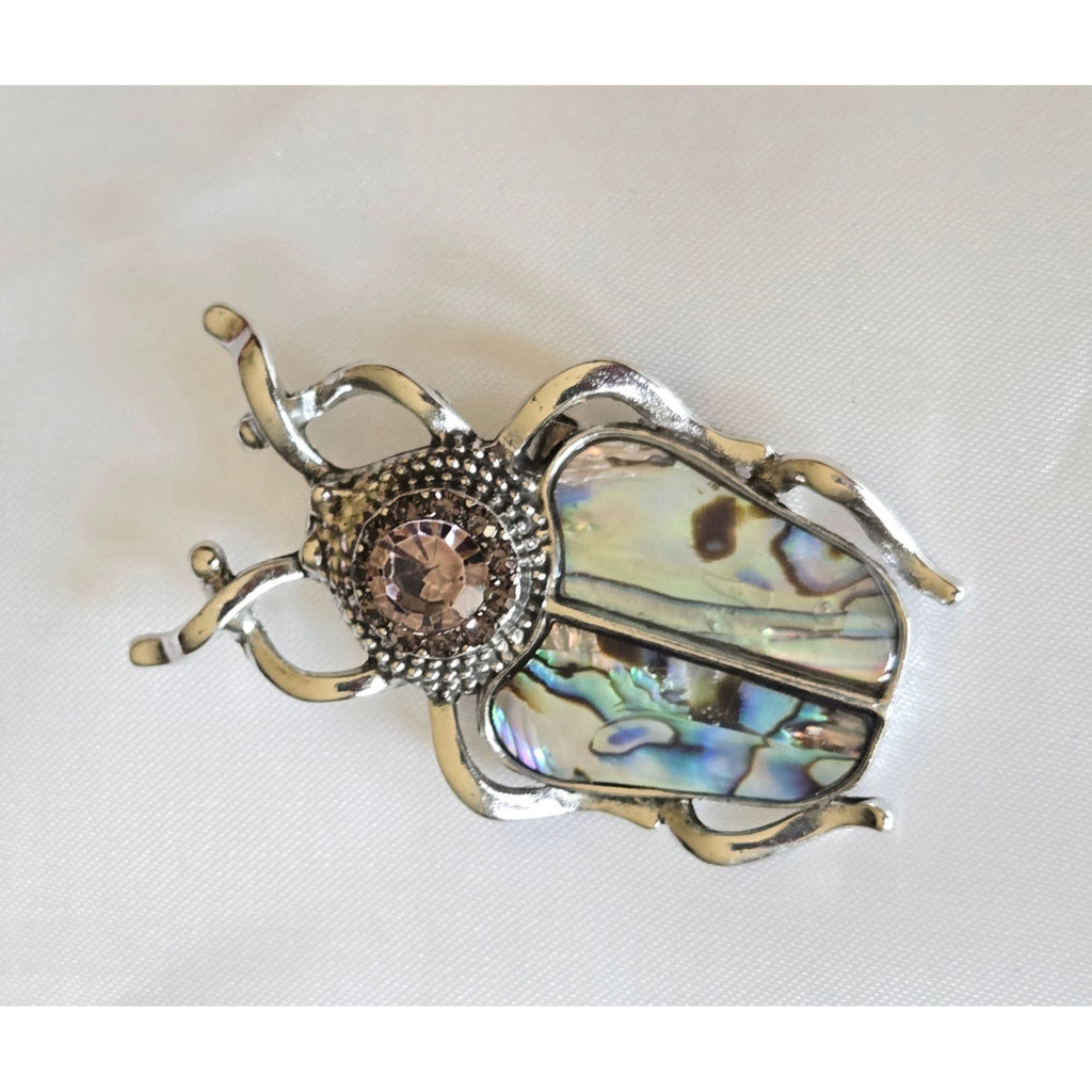 Silver Tone Beetle Brooch With Pink Rhinestone & Inlay Nature-Inspired Jewelry