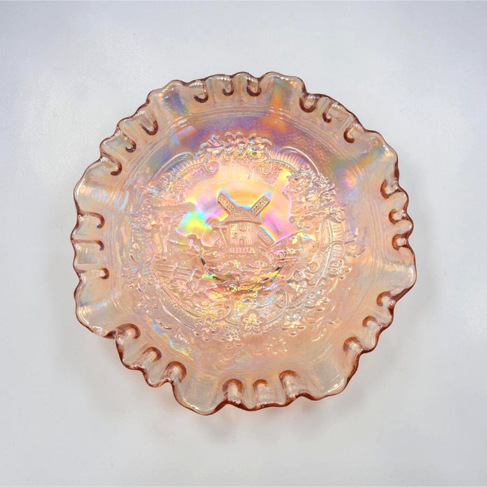 Vintage Imperial Glass Double Dutch Windmill Carnival Glass Bowl Iridescent Pink Finish & Ruffled Edge,Mint