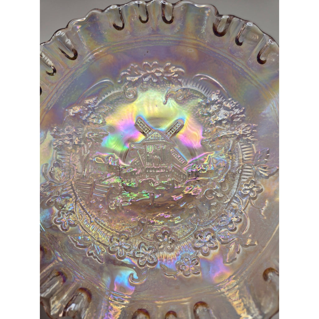 Vintage Imperial Glass Double Dutch Windmill Carnival Glass Bowl Iridescent Pink Finish & Ruffled Edge,Mint