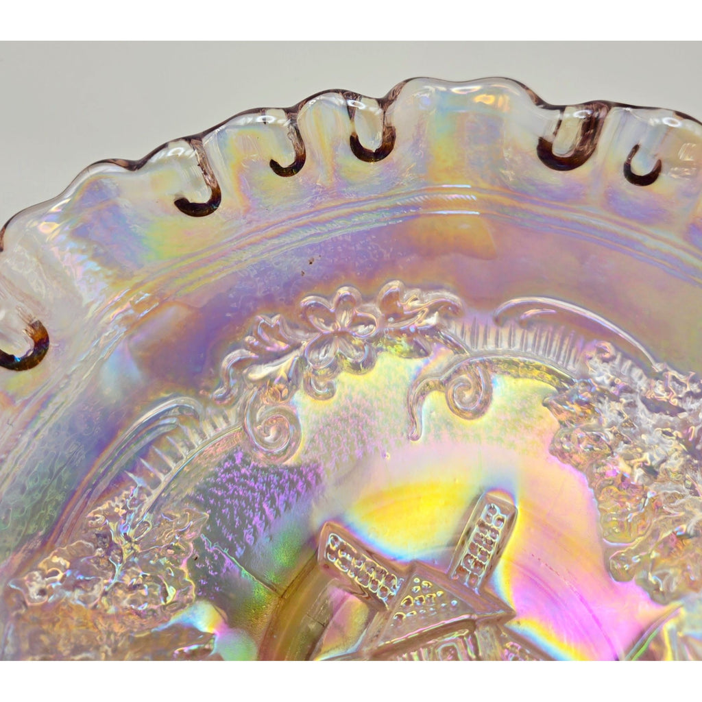 Vintage Imperial Glass Double Dutch Windmill Carnival Glass Bowl Iridescent Pink Finish & Ruffled Edge,Mint