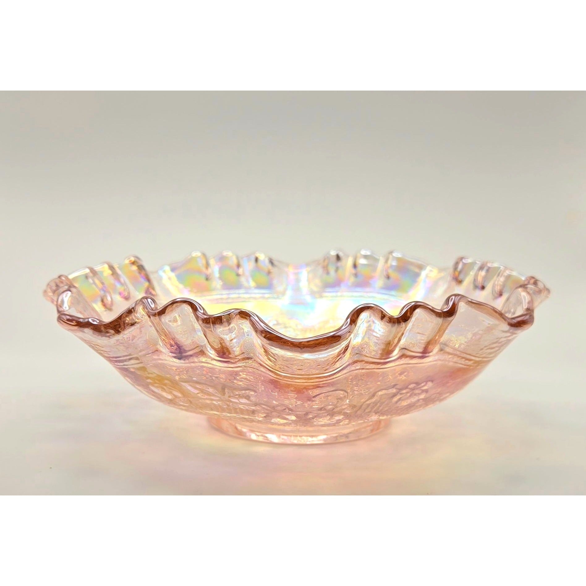 Vintage Imperial Glass Double Dutch Windmill Carnival Glass Bowl Iridescent Pink Finish & Ruffled Edge,Mint