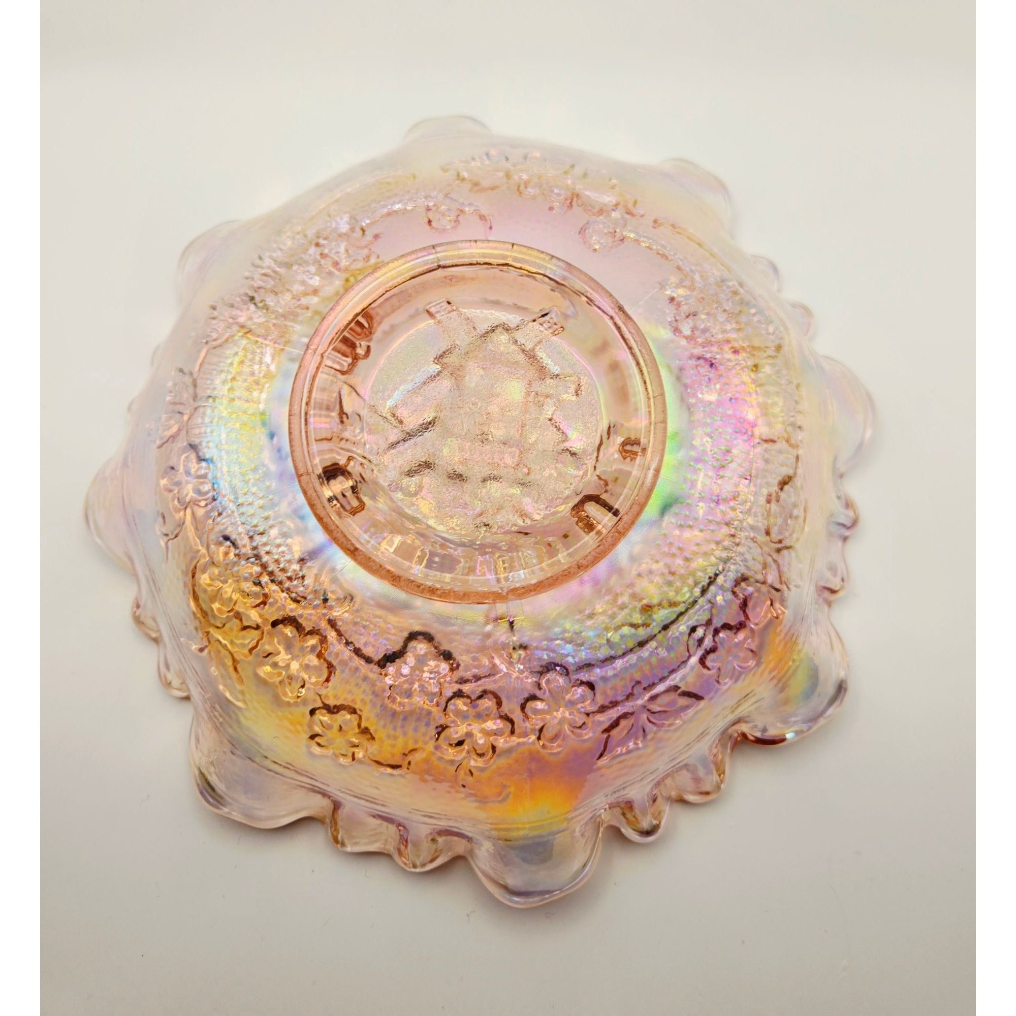 Vintage Imperial Glass Double Dutch Windmill Carnival Glass Bowl Iridescent Pink Finish & Ruffled Edge,Mint