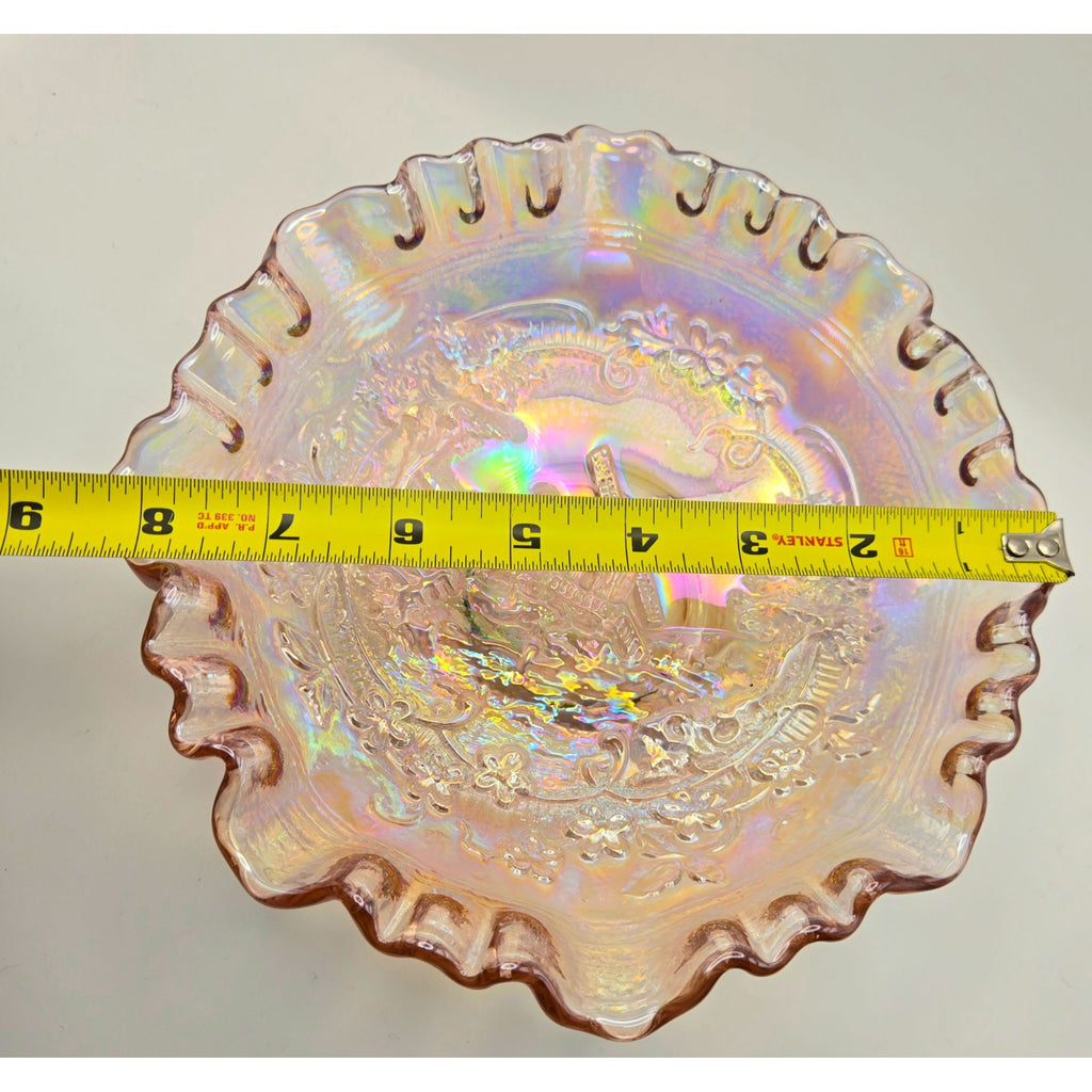 Vintage Imperial Glass Double Dutch Windmill Carnival Glass Bowl Iridescent Pink Finish & Ruffled Edge,Mint