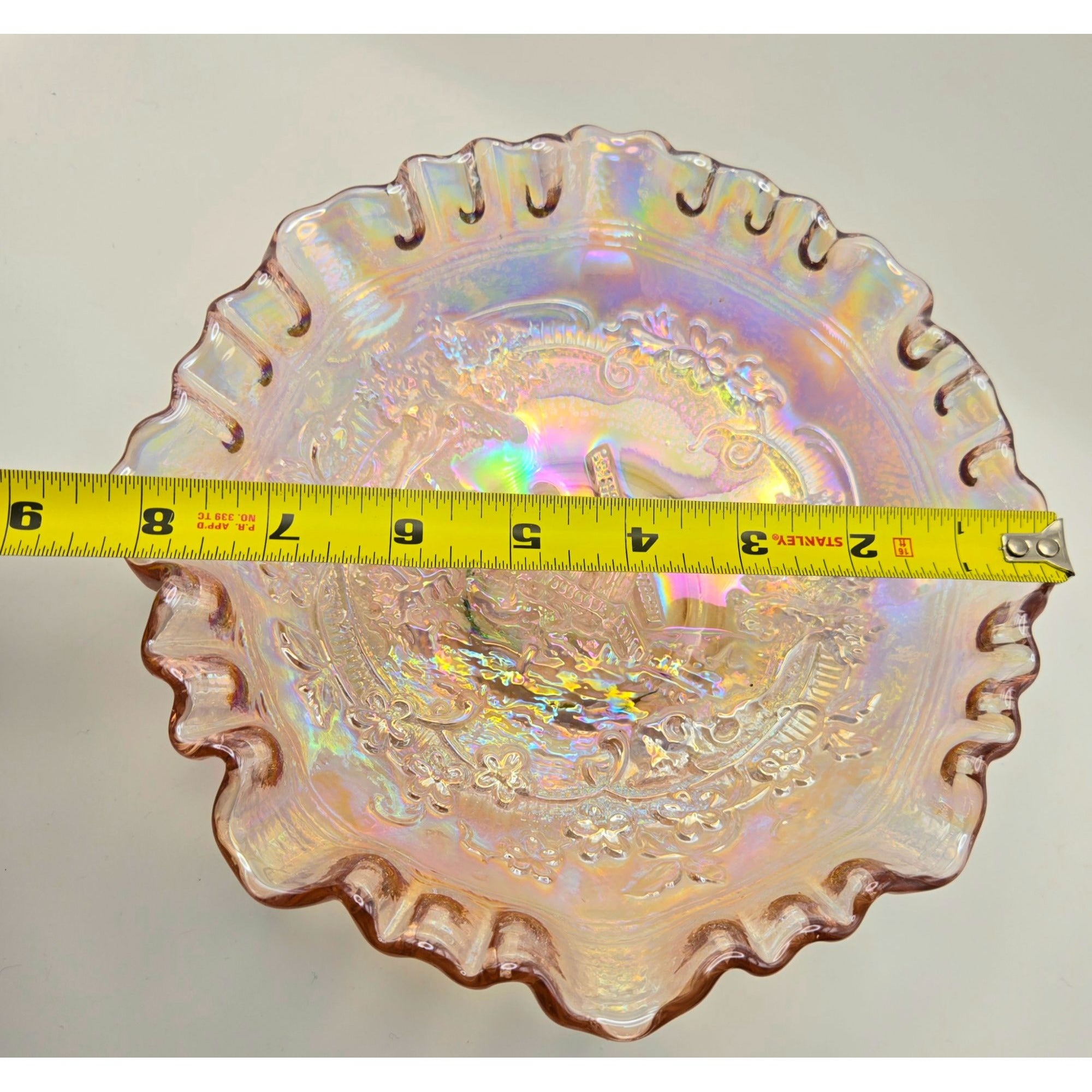 Vintage Imperial Glass Double Dutch Windmill Carnival Glass Bowl Iridescent Pink Finish & Ruffled Edge,Mint