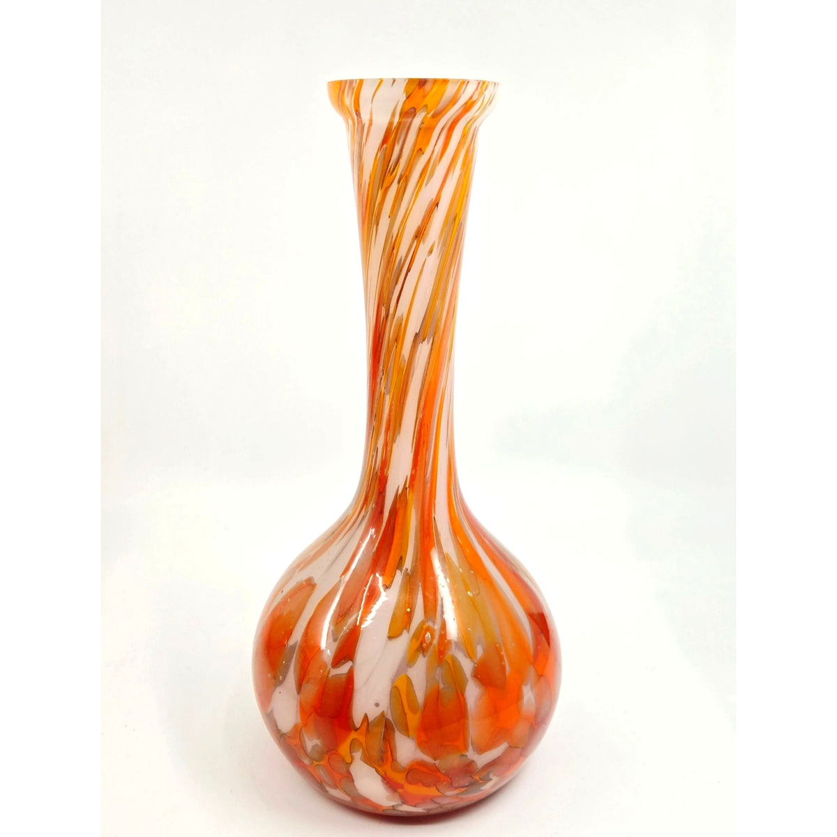 1930s Welz Czech Glass Splatter Vase Orange, White, Gourd Shape 8 in.