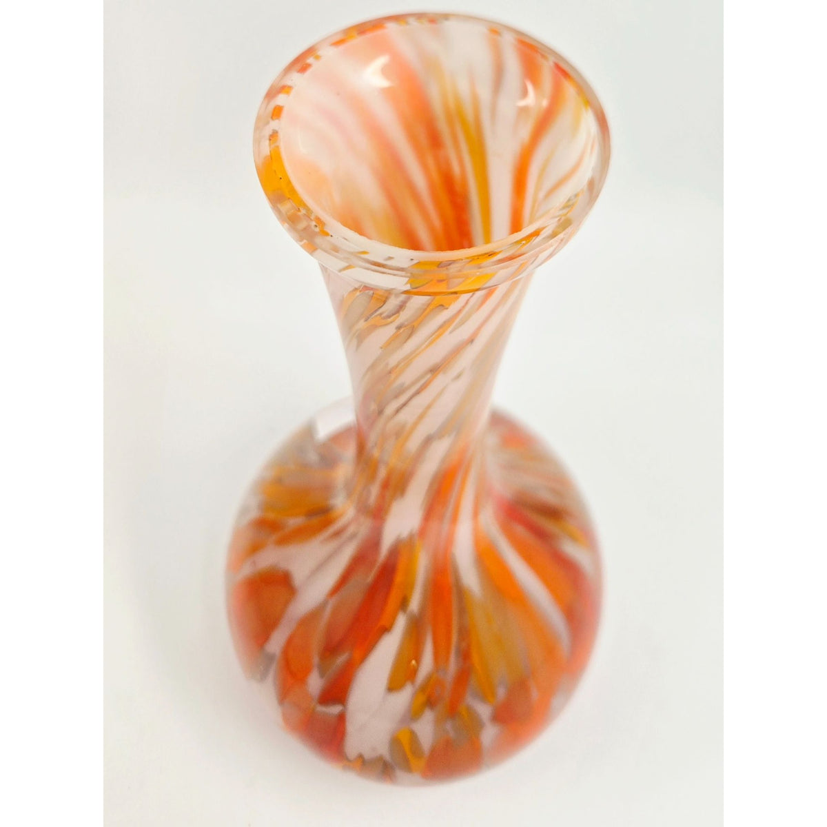 1930s Welz Czech Glass Splatter Vase Orange, White, Gourd Shape 8 in.