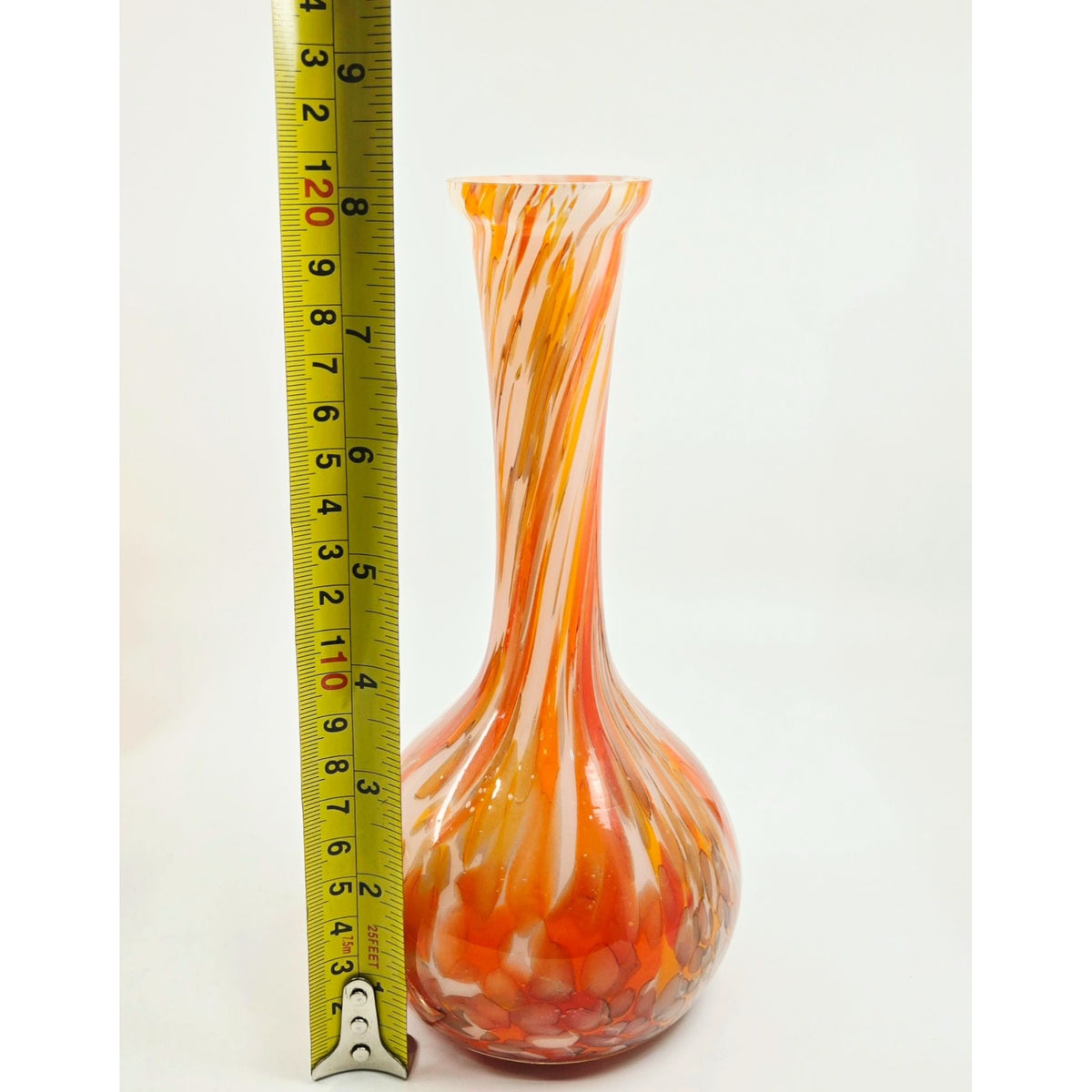 1930s Welz Czech Glass Splatter Vase Orange, White, Gourd Shape 8 in.