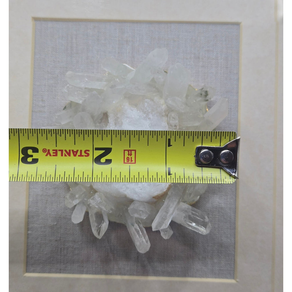 Framed Natural Quartz Crystal Cluster Art Deco wall art With Cream Matte Silver Frame