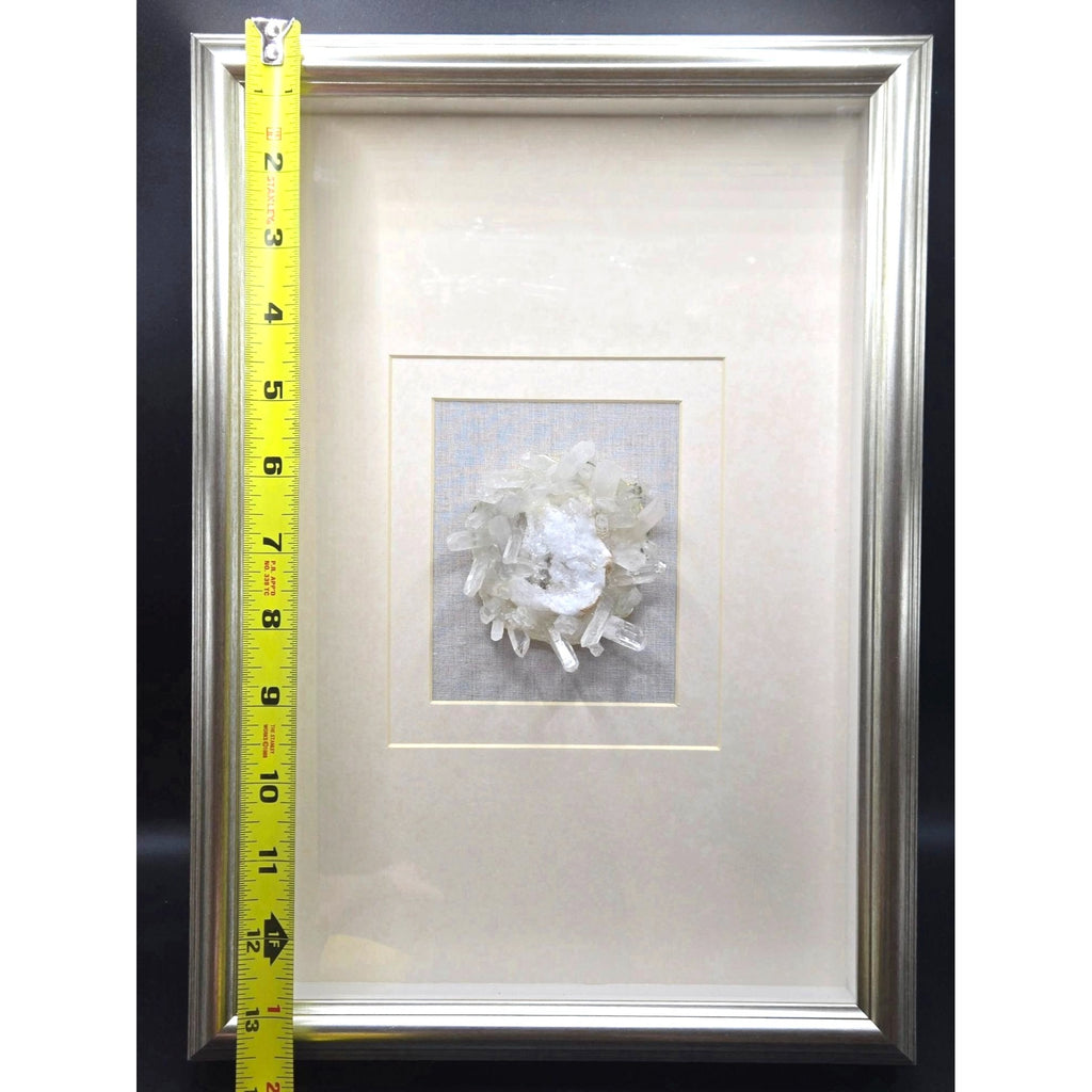 Framed Natural Quartz Crystal Cluster Art Deco wall art With Cream Matte Silver Frame