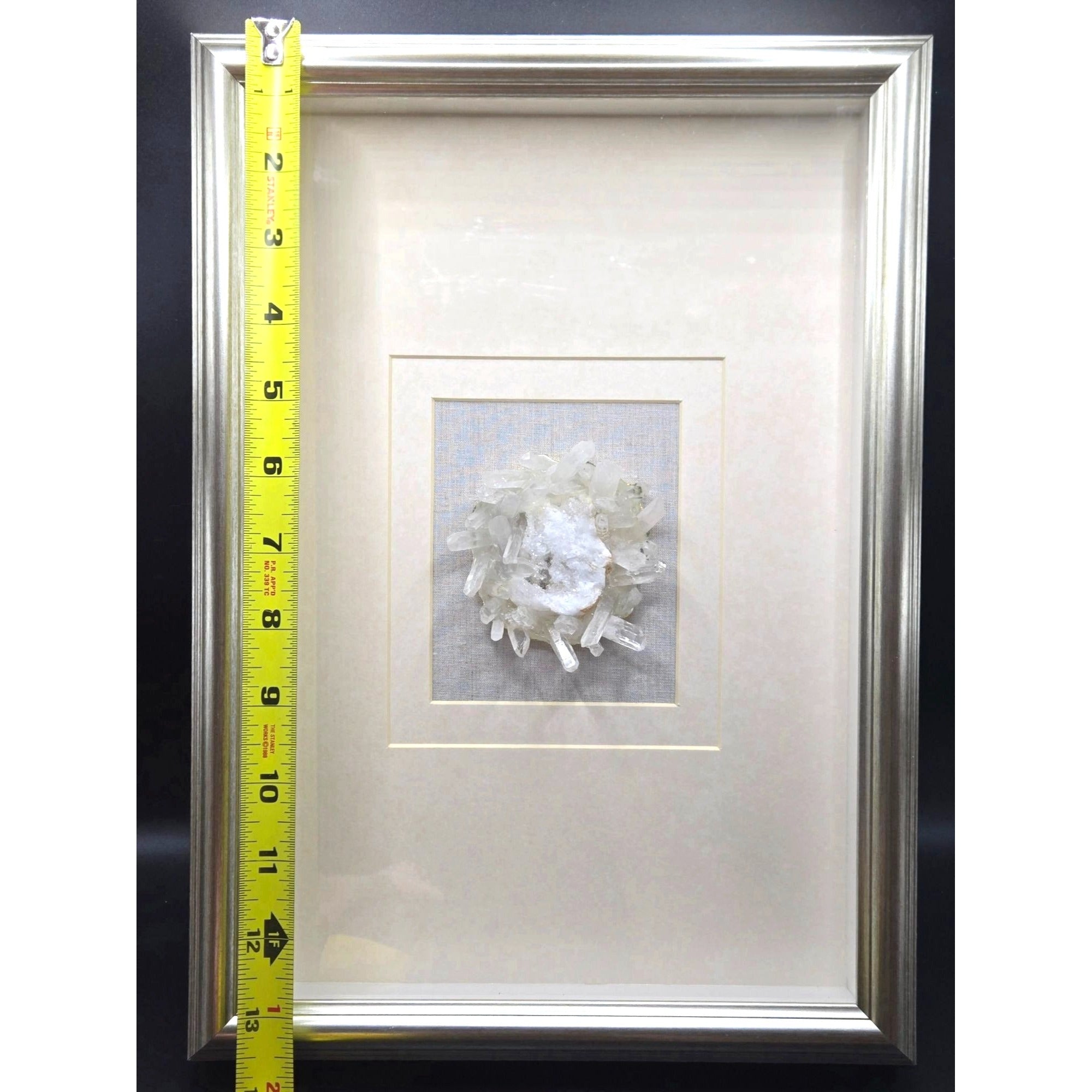 Framed Natural Quartz Crystal Cluster Art Deco wall art With Cream Matte Silver Frame