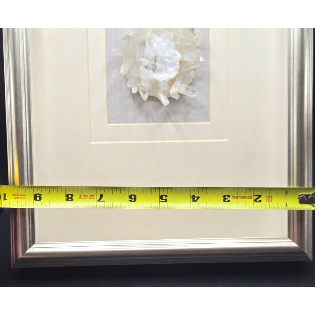 Framed Natural Quartz Crystal Cluster Art Deco wall art With Cream Matte Silver Frame