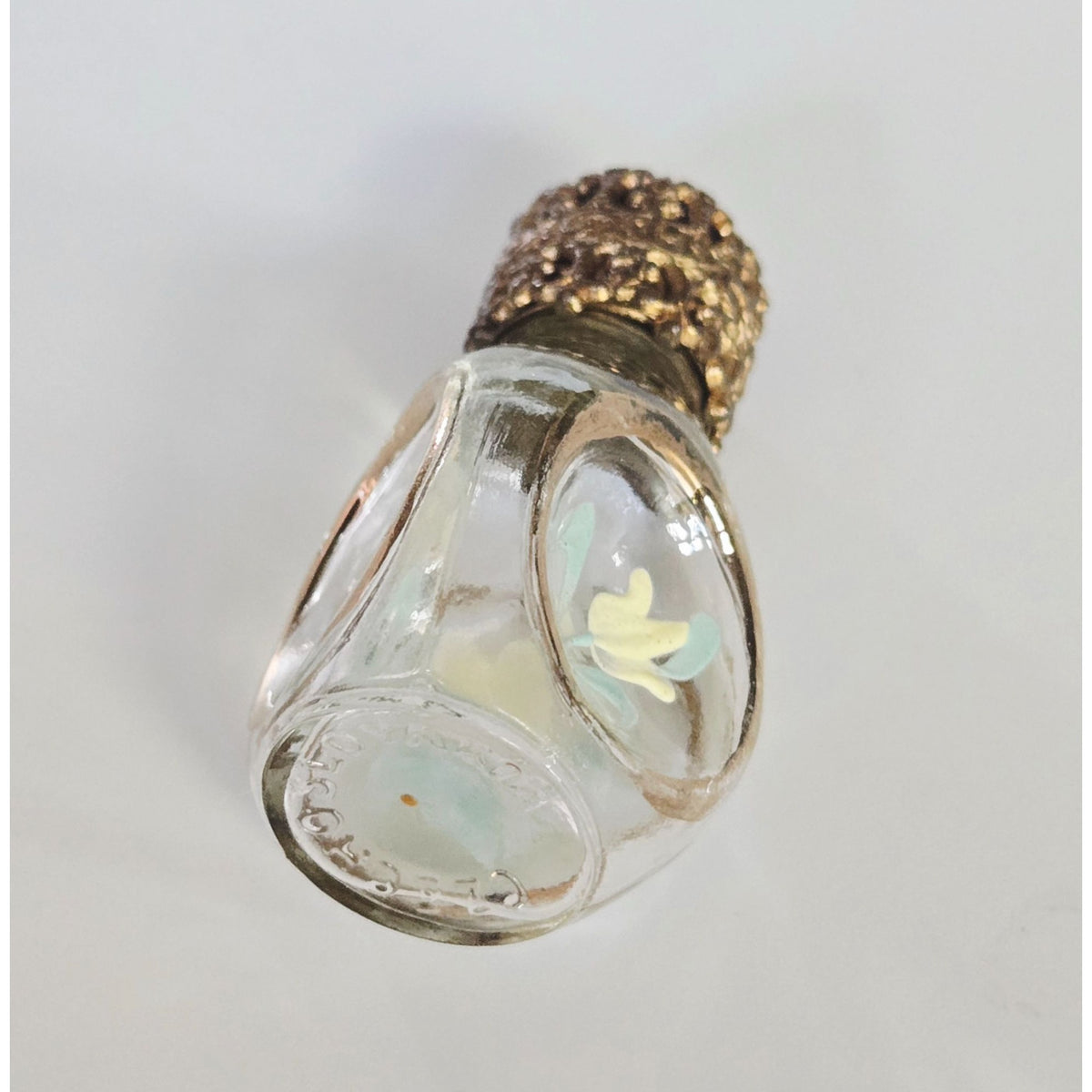 Mini Czech Glass Hand Painted Perfume Bottle Purple Glass Top with Gold Ormolu & Floral Detail
