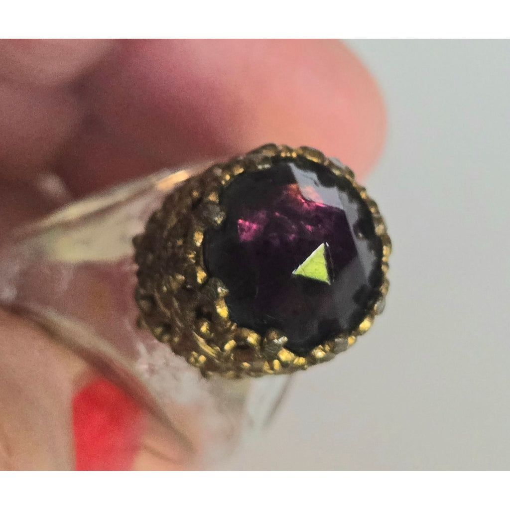 Mini Czech Glass Hand Painted Perfume Bottle Purple Glass Top with Gold Ormolu & Floral Detail