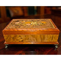 Sorrento Italian Burl Wood Jewelry Box, Music Box  Floral Marquetry, brass feet, Swan Lake