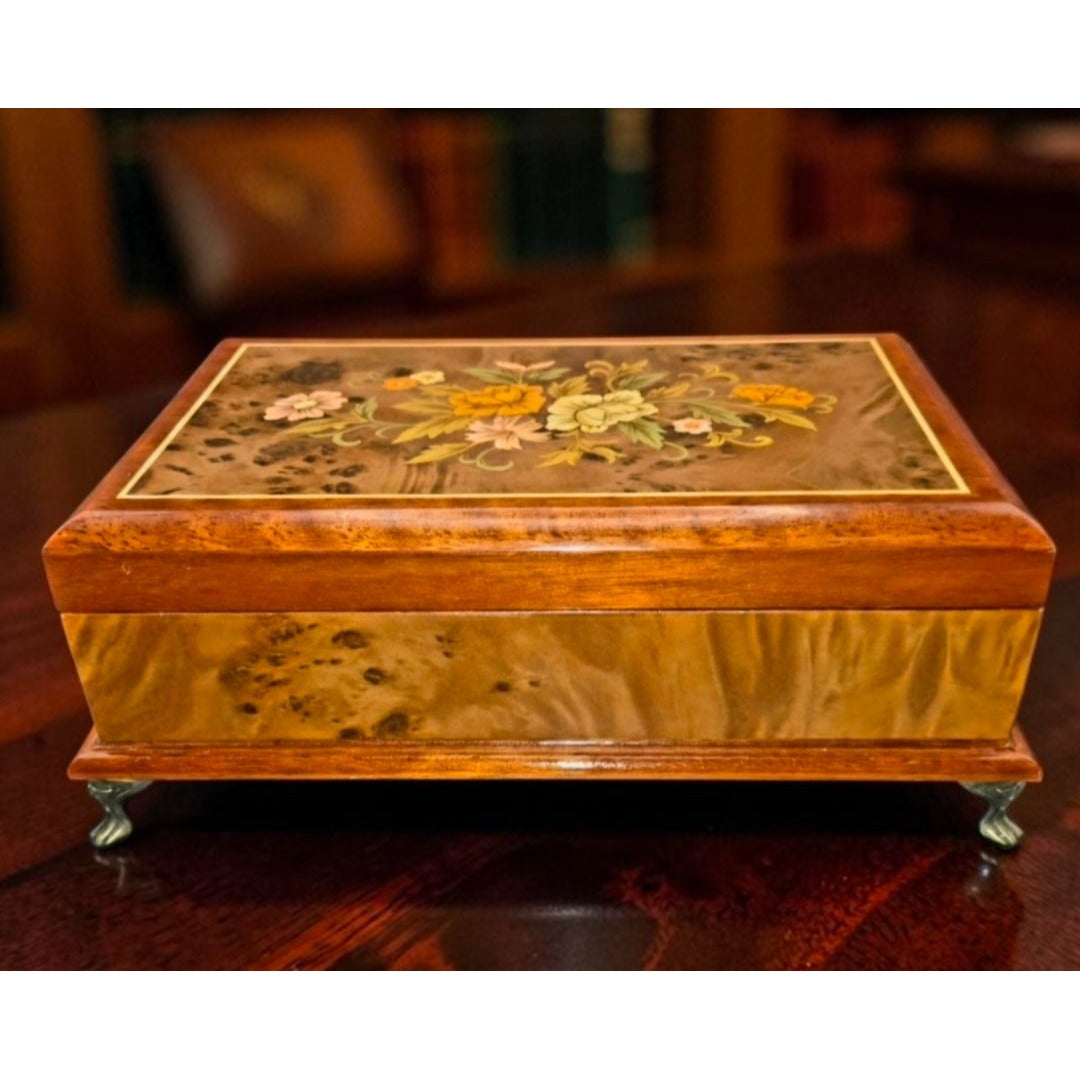 Sorrento Italian Burl Wood Jewelry Box, Music Box  Floral Marquetry, brass feet, Swan Lake