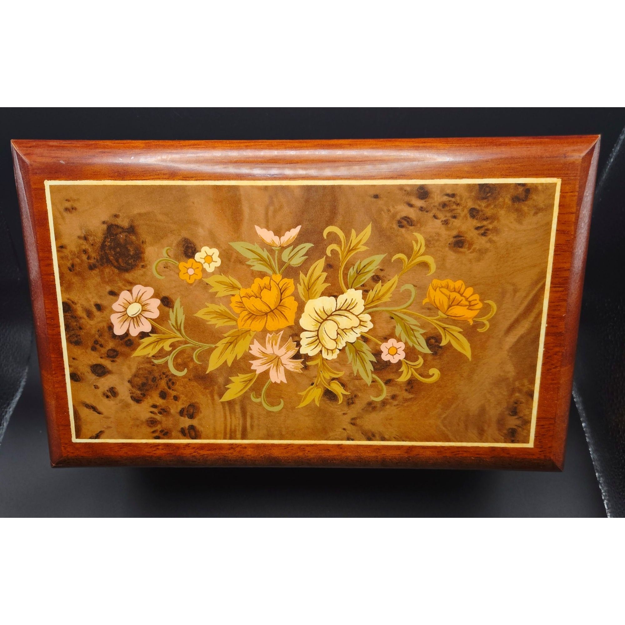 Sorrento Italian Burl Wood Jewelry Box, Music Box  Floral Marquetry, brass feet, Swan Lake