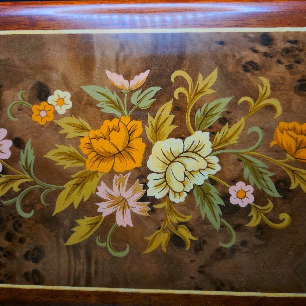 Sorrento Italian Burl Wood Jewelry Box, Music Box  Floral Marquetry, brass feet, Swan Lake