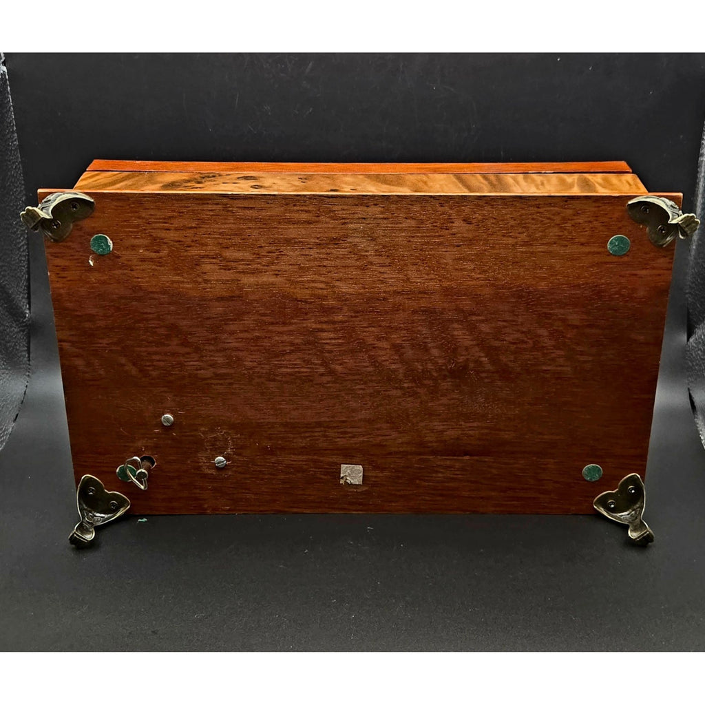 Sorrento Italian Burl Wood Jewelry Box, Music Box  Floral Marquetry, brass feet, Swan Lake