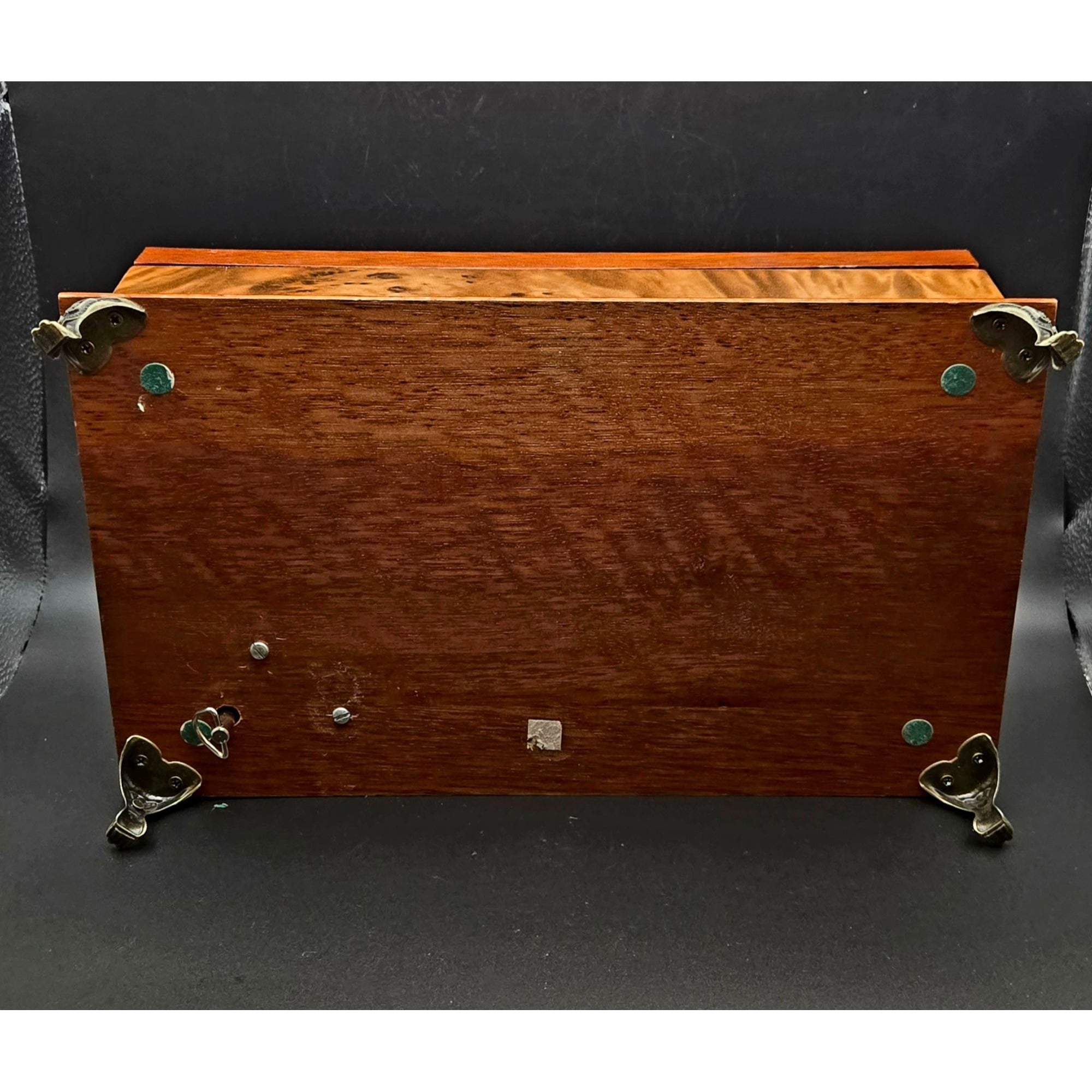 Sorrento Italian Burl Wood Jewelry Box, Music Box  Floral Marquetry, brass feet, Swan Lake