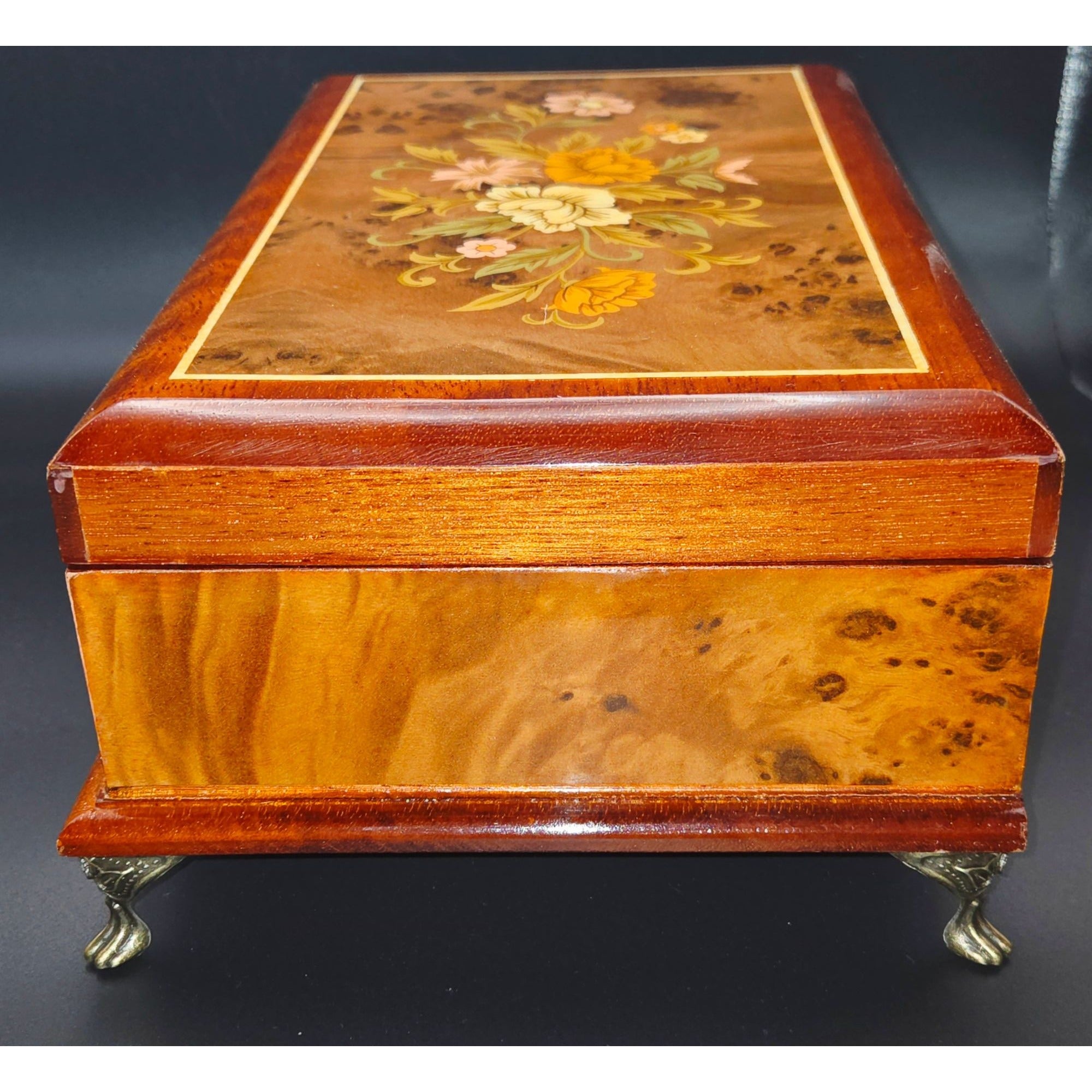 Sorrento Italian Burl Wood Jewelry Box, Music Box  Floral Marquetry, brass feet, Swan Lake