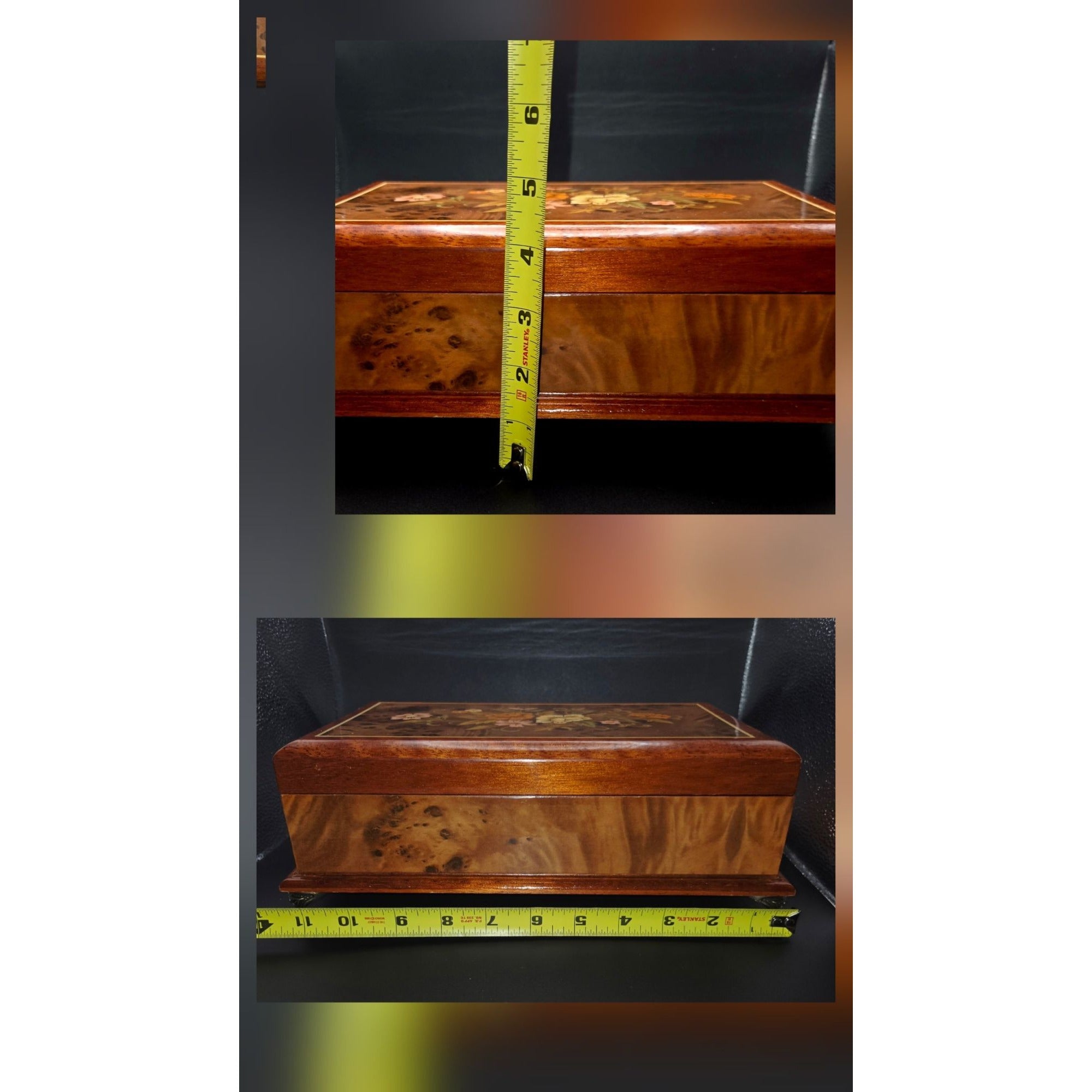 Sorrento Italian Burl Wood Jewelry Box, Music Box  Floral Marquetry, brass feet, Swan Lake