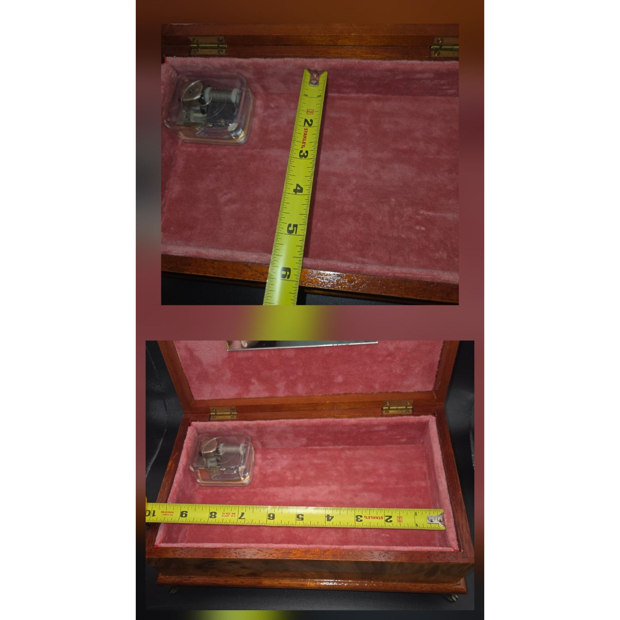 Sorrento Italian Burl Wood Jewelry Box, Music Box  Floral Marquetry, brass feet, Swan Lake